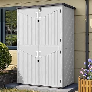 Aoxun 64 Cu Ft Waterproof Outdoor Storage Shed with Floor - 4-Door Vertical Cabinet for Garden, Garage, Pool, Bike Storage (White)