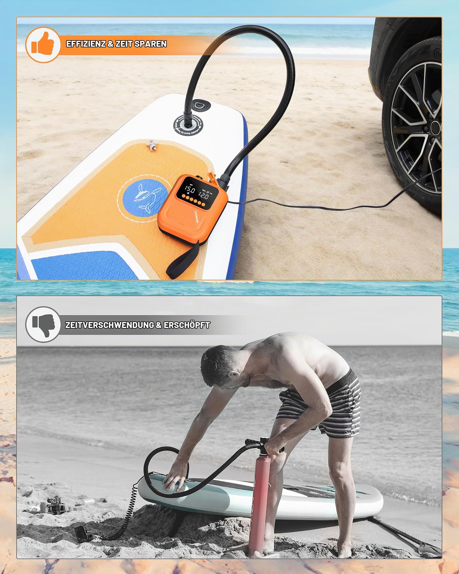 Accwork Elektrische SUP Pumpe 20 PSI ohne Akku, 12V DC Autoanschluss, Auto-Stopp, 2-stufiges Aufpumpen und Entlüften, 7 Adapter, Tasche für Paddle Board,Kajak,Schlauchboot,Camping-Zelt,Luftmatratze