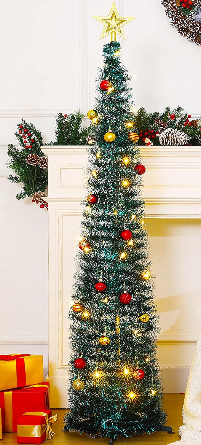 PopUp Christmas Tree with 100 Warm White Lights ,Collapsible Pencil