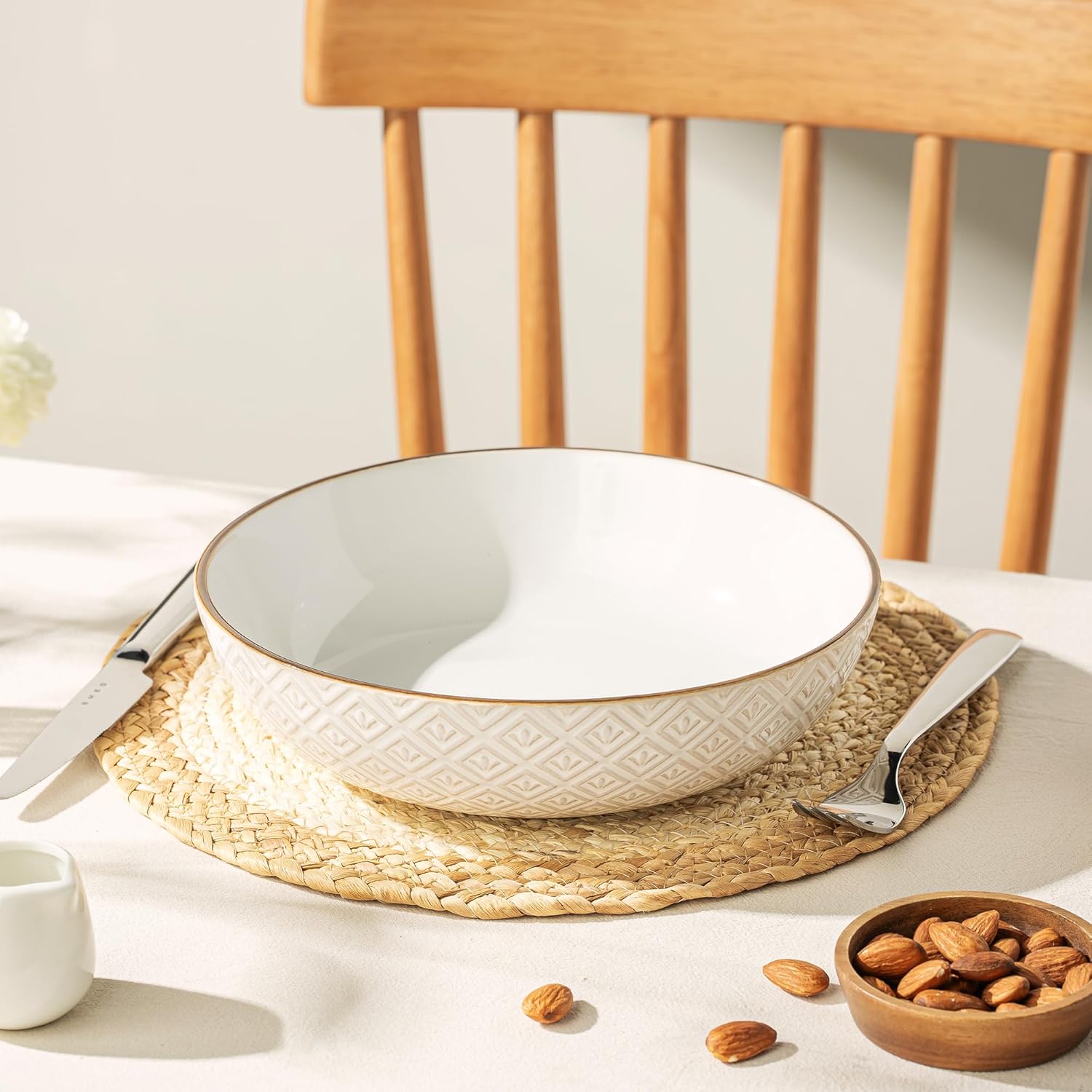 36 oz Pasta Bowl Set of 4 with Embossed Reactive Glaze, 8.5" Arctic white Ceramic Dinner Bowls, for Pasta, Fruits, Salad, Noodle, Microwave & Dishwasher Safe, Housewarming Gift