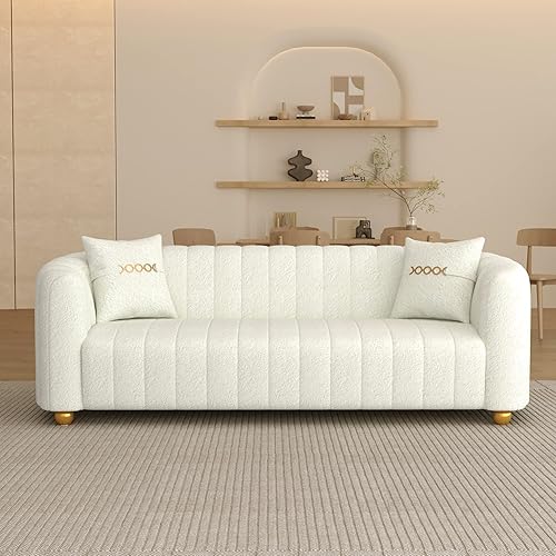 Sofá Chesterfield tapizado de felpa corto de 83 pulgadas, sofá biplaza moderno con 2 almohadas lumbares y pies redondos chapados en oro, sofá color