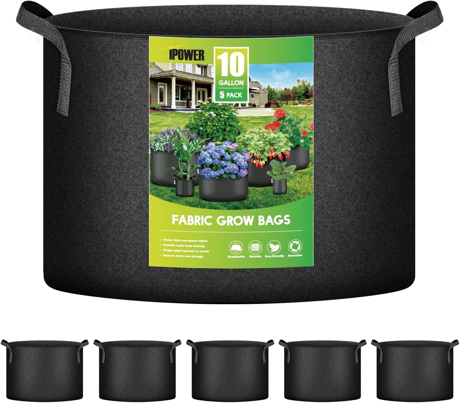 iPower 10-Gallon 5-Pack Grow Bags Fabric Aeration Pots Container with Strap Handles for Nursery Garden and Planting, 10 Gallon, Black : Everything Else