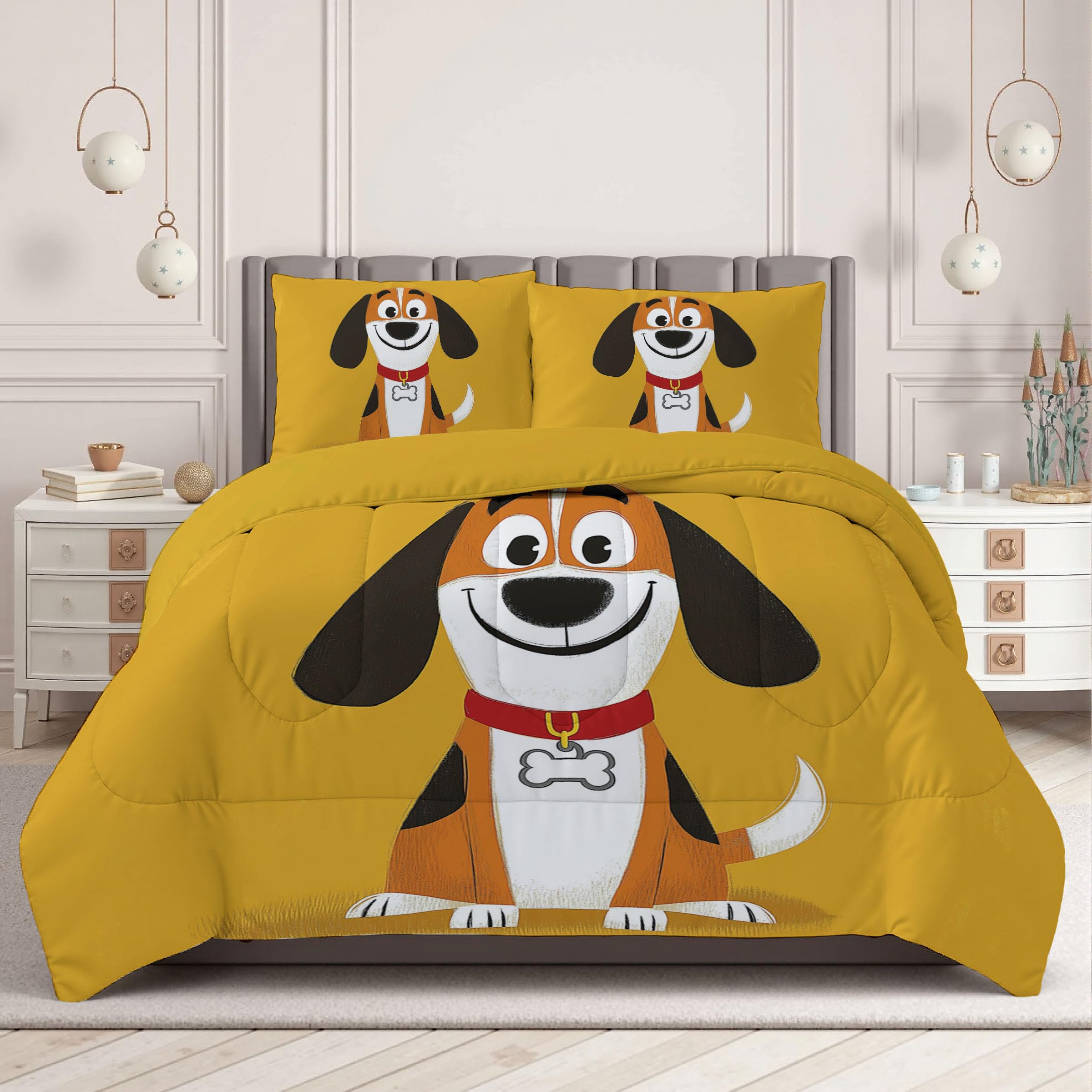 Trapunta Invernale in Ecopiuma, 240x220cm Set Piumone Illustrazioni Per Bambini Imbottita 200 gr/mq Caldo e Morbido Piumino Trapuntato Beagle Felice Coperta Letto Reversibile per 4 Stagioni, Curcuma