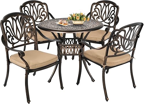 Grepatio Juego de comedor al aire libre de 5 piezas de aluminio fundido para patio, mesa y sillas, muebles exteriores, 4 sillas y 1 mesa con agujero