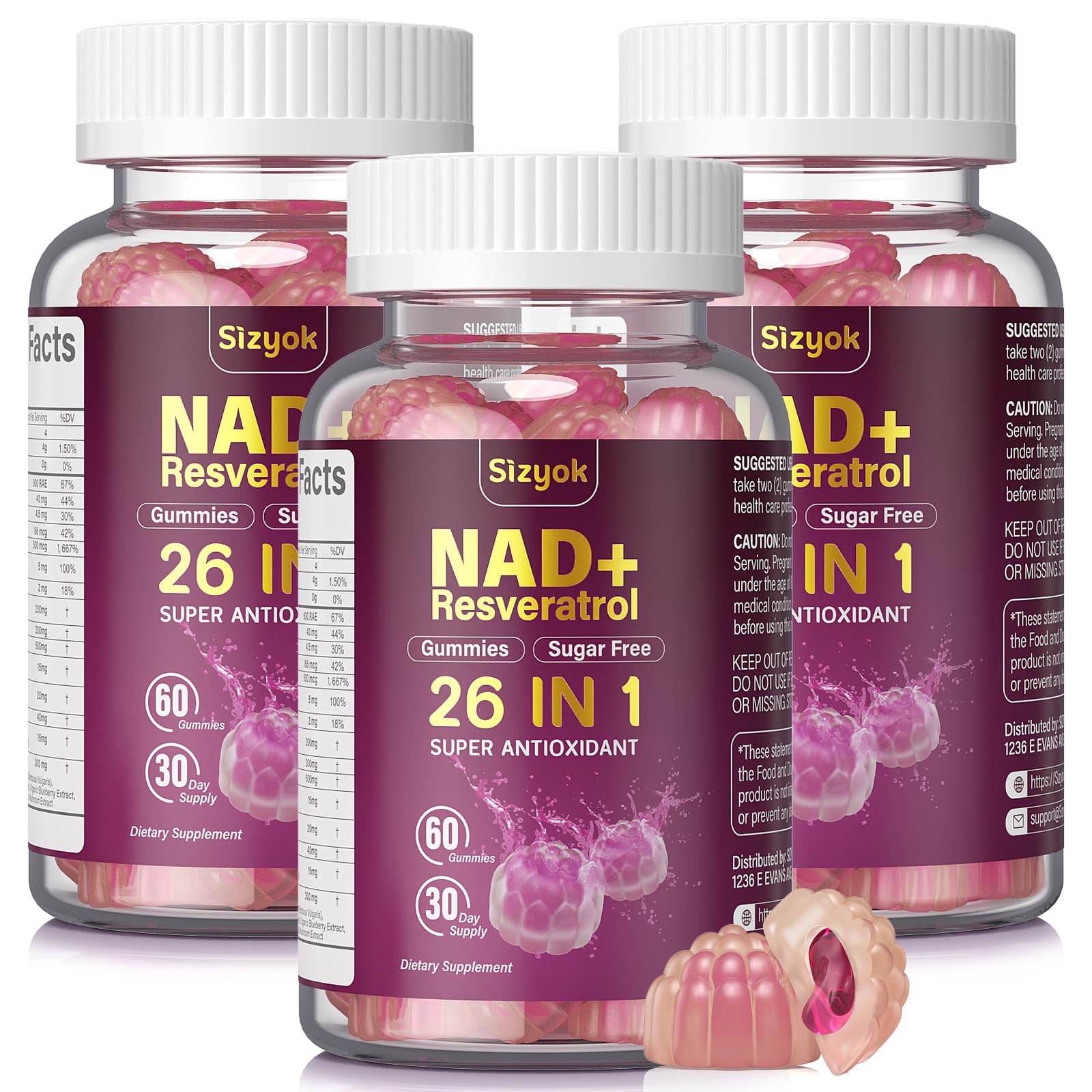 NAD Resveratrol Gummies, NAD supplements for Women with Hydrolyzed Collagen, Grape Seed, and D-Biotin Support Antioxidant Action, Anti-Aging, Cell Regeneration & Energy, Sugar-Free, 60 Gummies, 3 Pack 60 Count (Pack of 3)