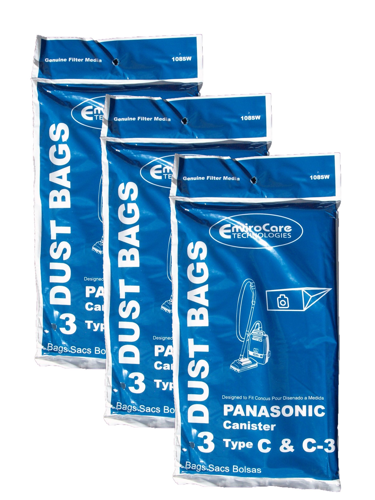 9 Panasonic Type C C-3 C3 Allergy Vacuum Bags, Canisters Vacuum Cleaners, MC-125P, MC125P, MC771, MC772, MC8310, MC8320, MC8330