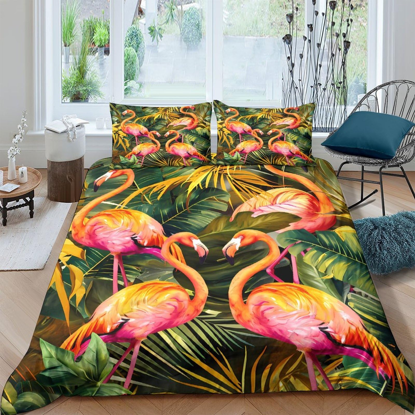 GPLZQXKJNH 3D Printed Flamingo Tropical Duvet Cover Set Microfiber Soft Breathable Jungle Leaf Bedding Set with 2 Pillowcases for Bedroom Home Decor Single（135x200cm）