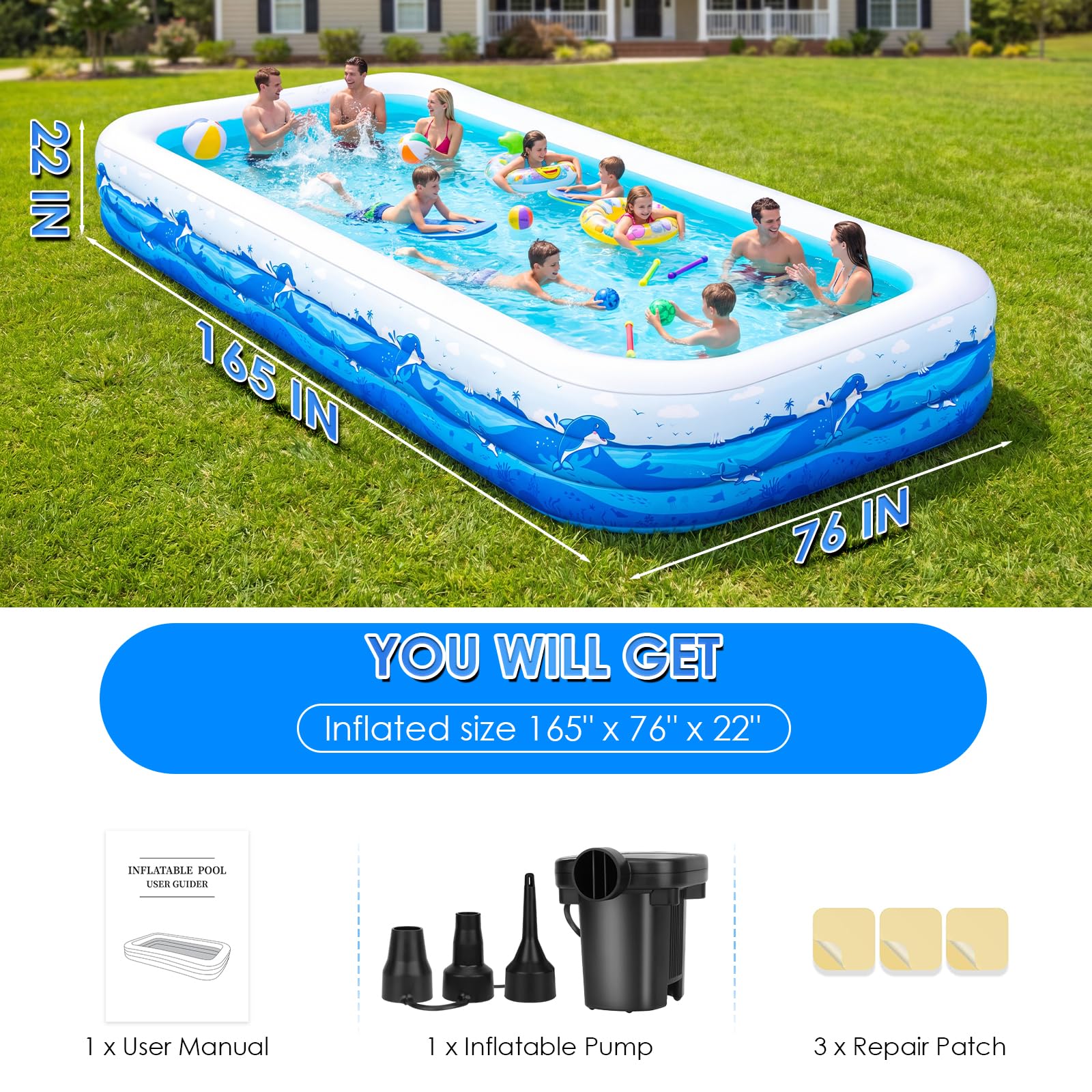 Piscine gonflable extra large pour adultes, 165 x 76 x 22 pouces, piscine gonflable pleine grandeur avec PVC de 0,6 mm et joli imprimé animal, grande piscine familiale pour jardin, fête