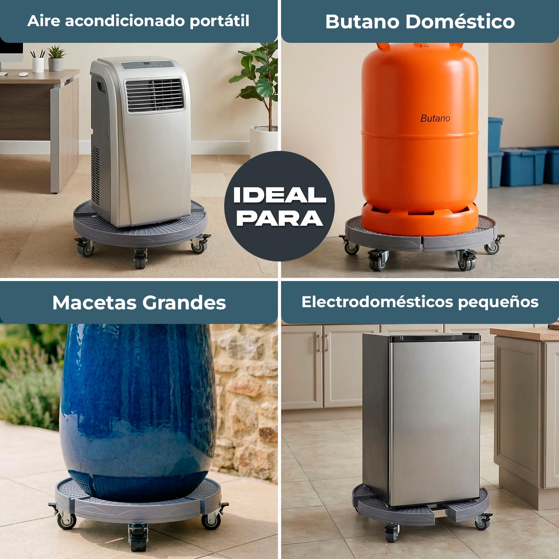 Base Redonda Ajustable 38-50 cm con Ruedas 300 KG – Plataforma Soporte ABS Alta Densidad + Acero Inoxidable – 4 Ruedas Dobles 360º con Freno – Para Macetas Grandes, Bombona Butano (SOPORTE + 4 RUEDAS)
