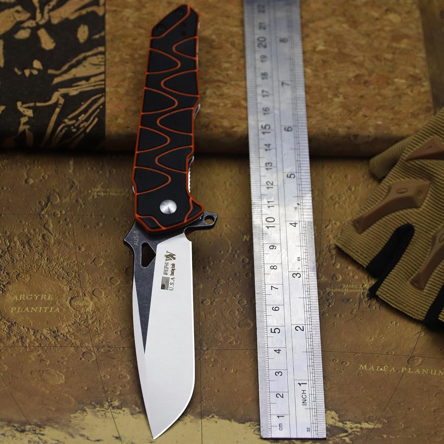 WPKOPYA 8.4in Folding Knife AUS-8 Steel Blade, G10 Handle with Anti-Slip Texture, Ball Bearing Pivot, Stonewashed Finish, EDC Pocket Knife for Camping, Hiking, Survival (AUS-8 (G10 black/orange))