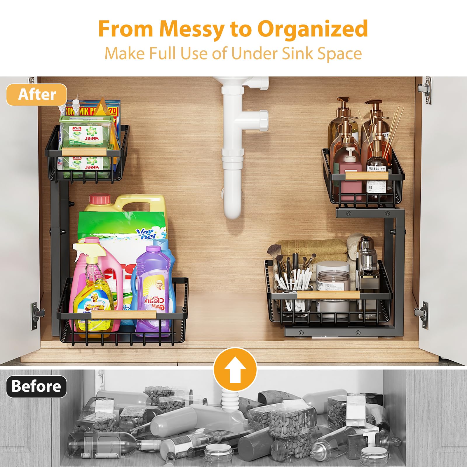 2 Etagen Unter Waschbecken Regal 42.5cm Höhenverstellbar Ausziehbares Küchen Spülschrank Organizer mit Schiebeschubladen Metall Spülenunterschrank Lagerregal Organizer für Küche, Badezimmer