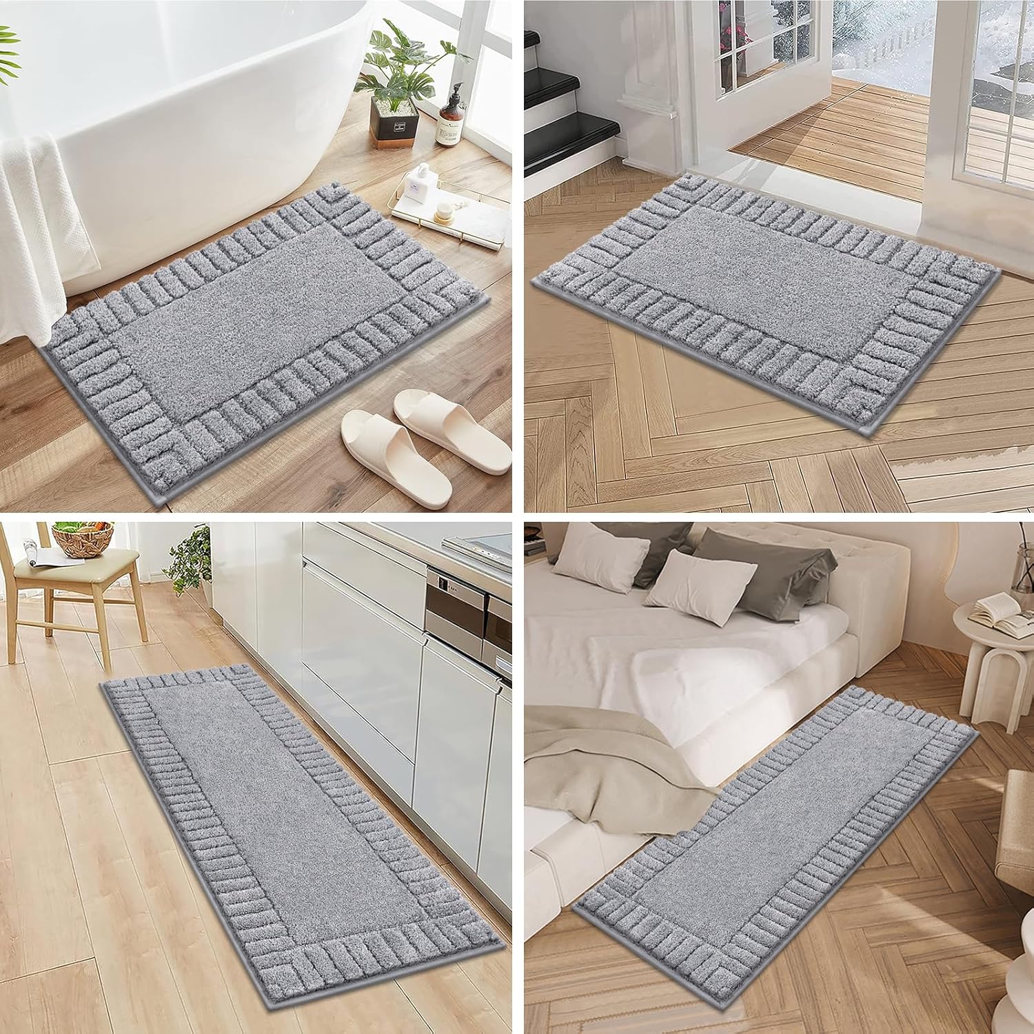 Pauwer Bathroom Rugs Sets 3 Piece Bathroom Shower Rugs with U-Shaped Contour Toilet Mat Absorbent Microfiber Plush Bath Mats Non Slip Bath Rugs Machine Washable Shaggy Bath Mat Set, Light Grey