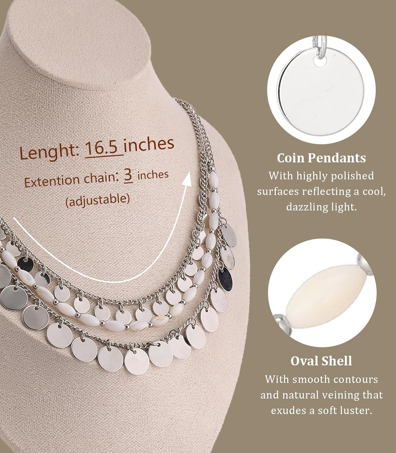 Noessla Layered Beaded Chunky Necklace for Women Boho Two-color Shell Statement Necklace Fashion Collar Costume Jewelry Gifts for Mum