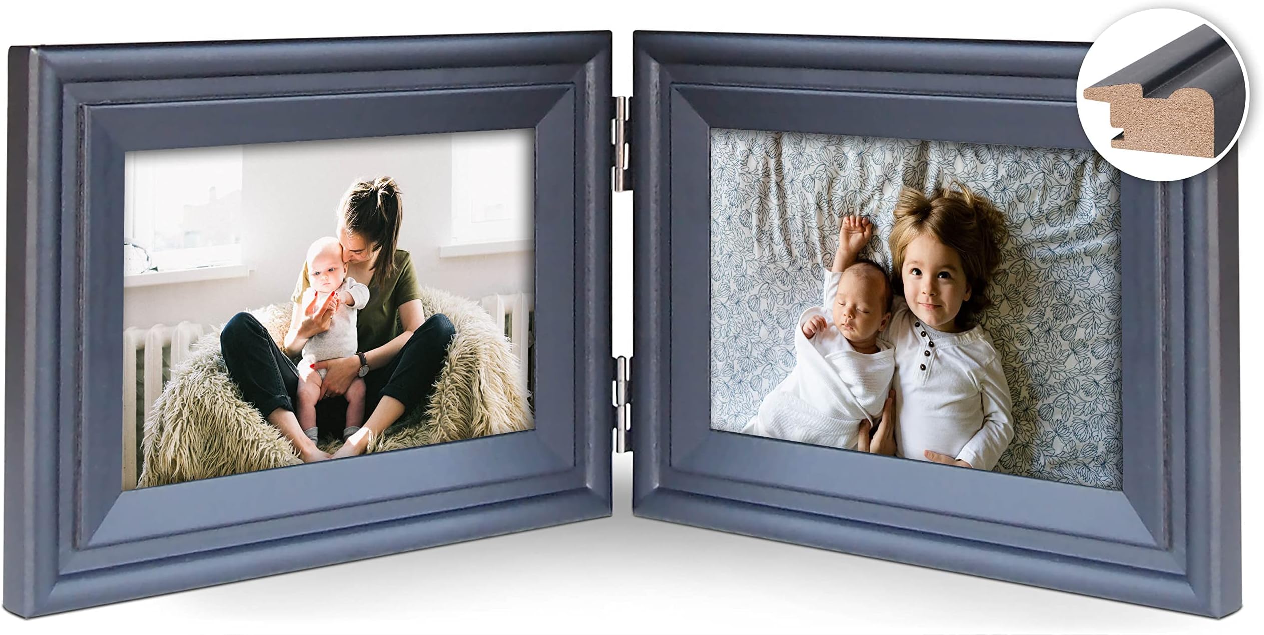 Vertical Horizontal Combo, Double 4x6 Soft-Blue Wood Hinged Photo Picture Frame, Desktop or Wall Mounted, Portrait and Landscape View