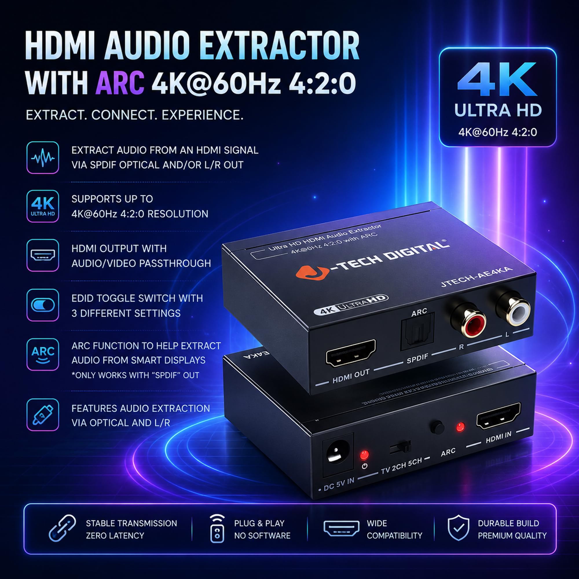 J-Tech Digital Estrattore audio HDMI 4K 60Hz e supporto ARC, da HDMI a RCA ottico compatibile con Dolby Digital DTS Stereo per console di gioco Blu-Ray laptop (JTECH-AE4KA)