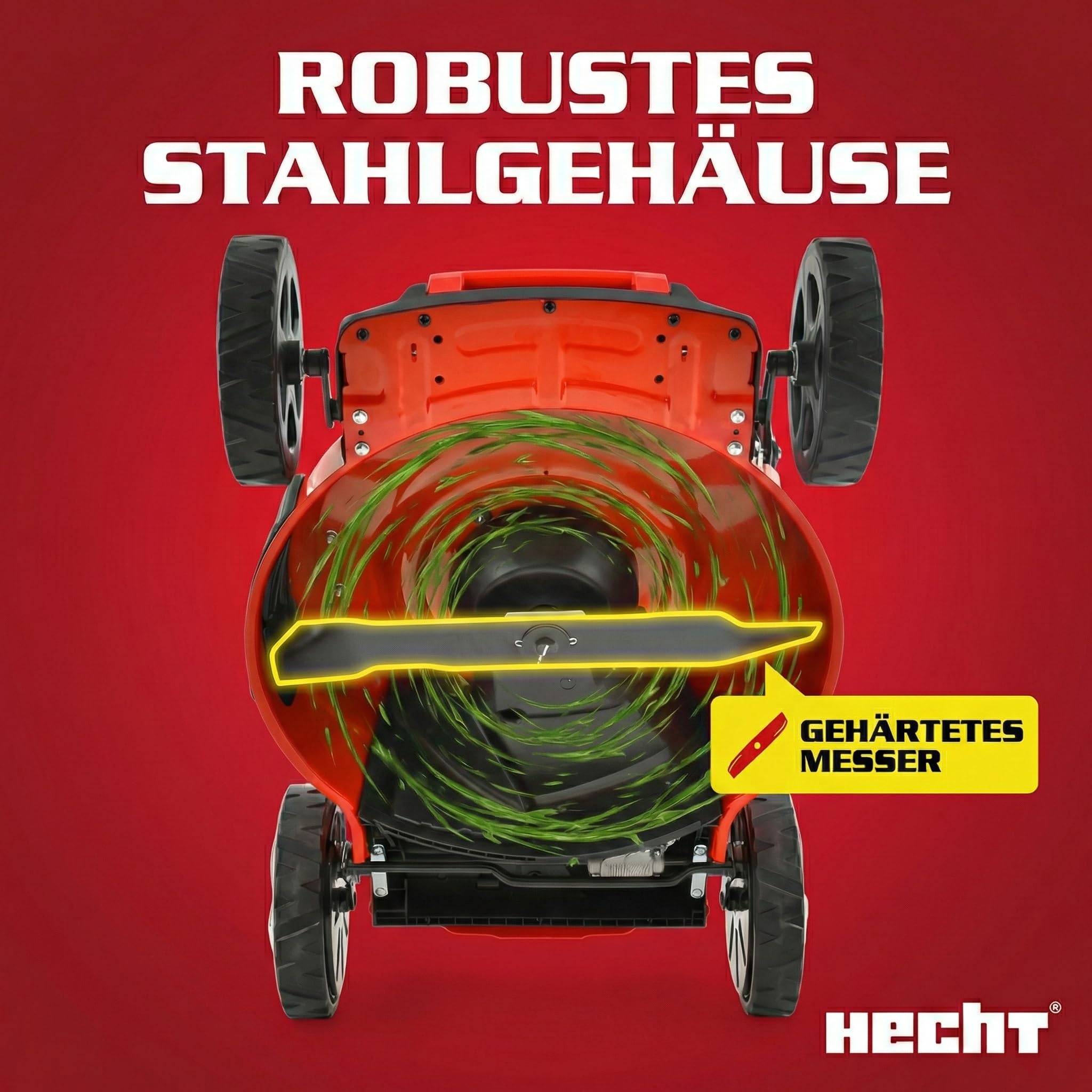 HECHT 5-in-1 Benzin Rasenmäher 5,5 PS Elektrostart 51 cm | 4-Takt-Motor 4,0 kW, 65 L Fangkorb, Radantrieb, patentierte Räder, Mulchmäher und Rasenmäher