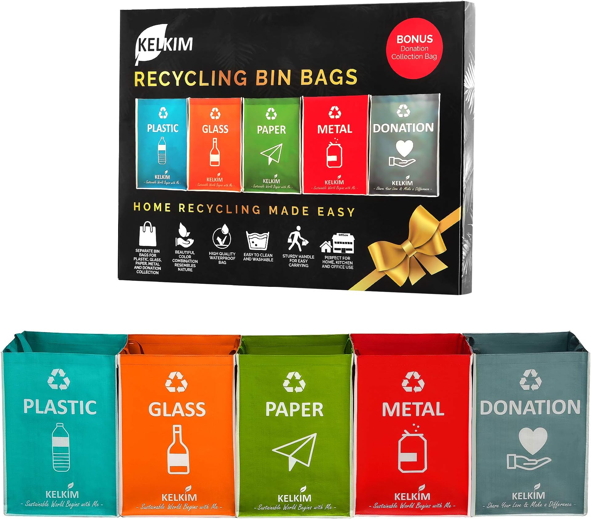 Recycling Bin Bags & Donation Bag for Home Kitchen Office/Portable Indoor Recycle Waste Organizer/Waterproof Garbage Containers/Separate Recyclable Trash Sorting Bin/Big Size 5 Bags Set