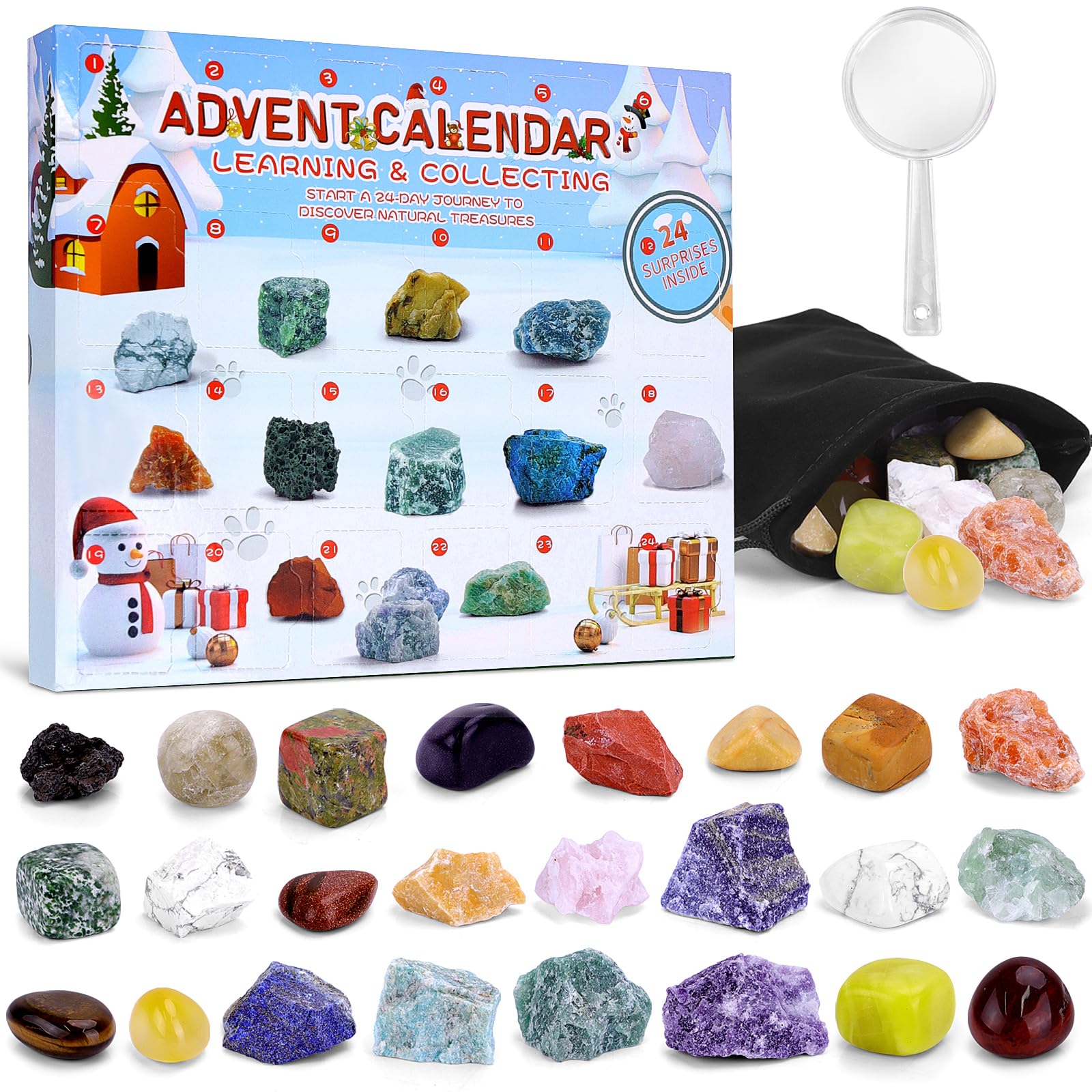 Meetory Crystal Advent Calendar 2023 for Kids, Gemstone Collection Advent Calendar 24 Days Christmas Countdown Advent Calendar with 24 Real Gemstones, Rocks Collection Chriatmas Gift for Boys Girls