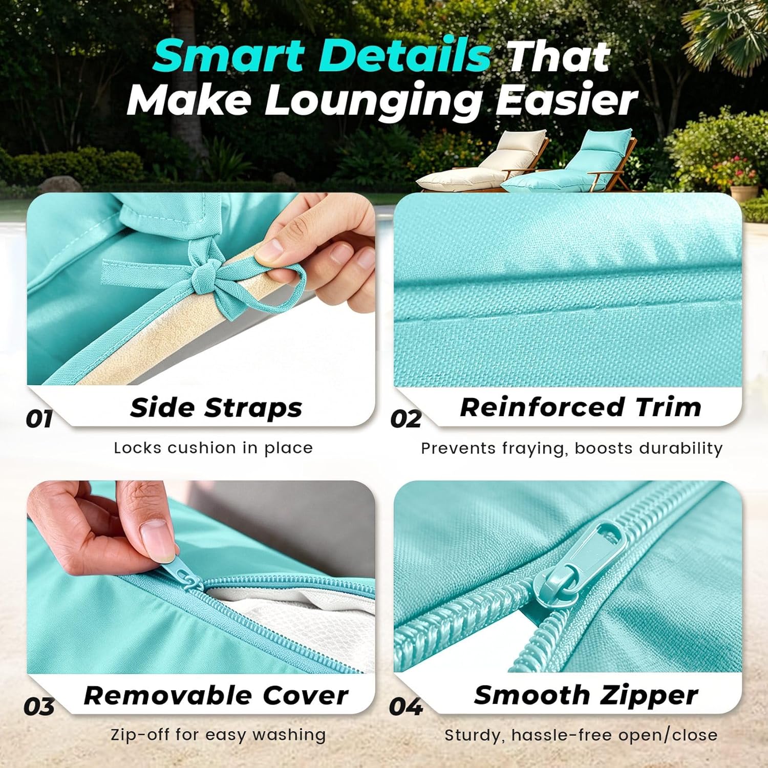Outdoor Chaise Lounge Chair Cushion, Waterproof Non-Slip Patio Chaise Lounge Cushions for Outdoor Furniture, 72 x 21 x 5 Inches, Teal