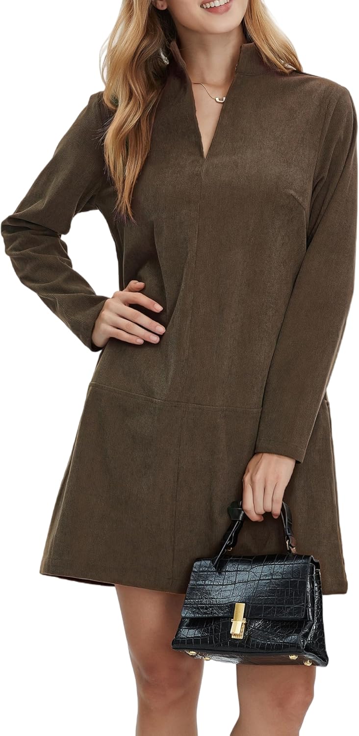 EZAPINE Women Corduroy Dress V Neck Long Sleeve Casual Vintage Retro A Line Mini Dresses