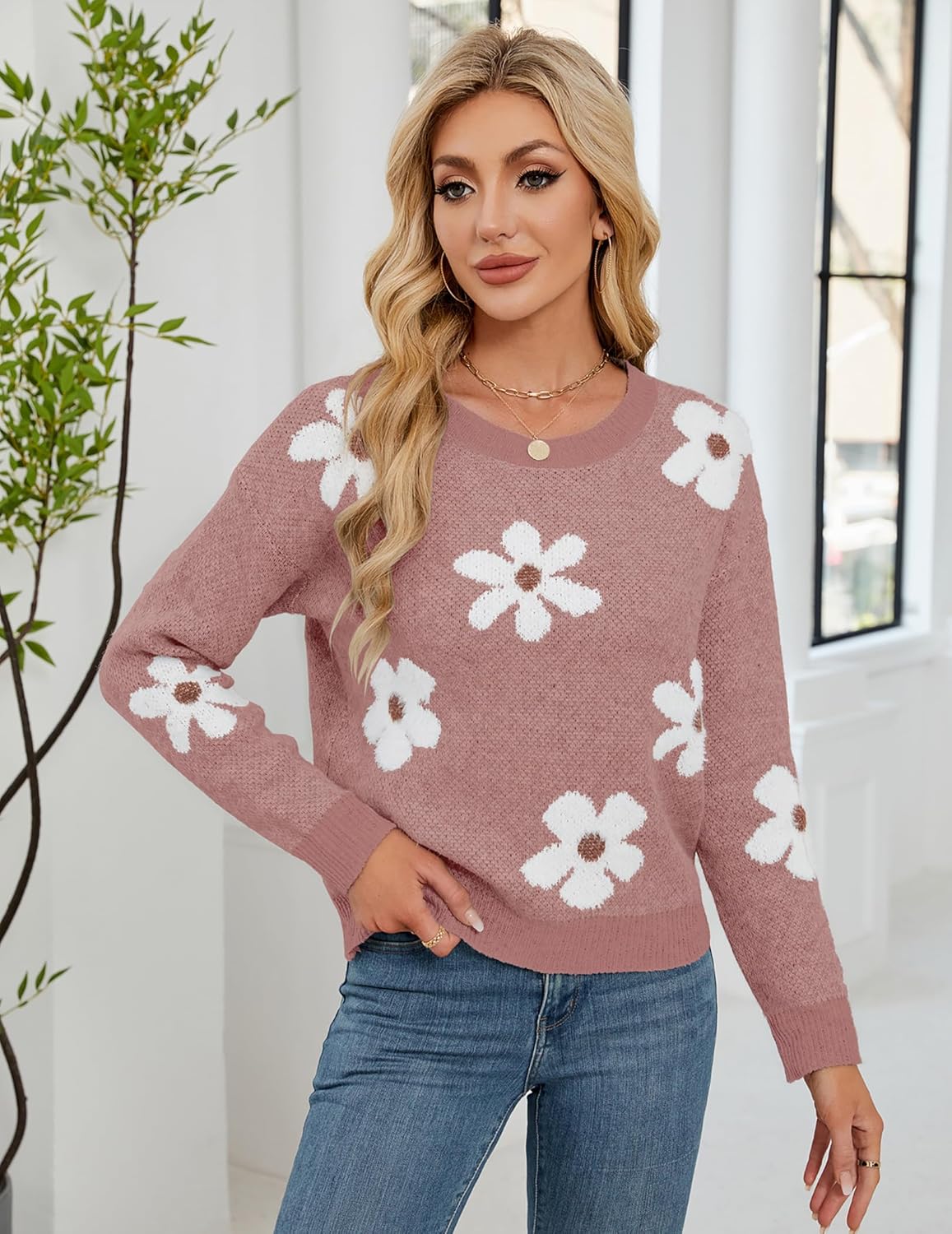 Womens Oversized Cute Flower Sweater Winter 2025 Trendy Ladies Dressy Fuzzy Knit Crew Neck Long Sleeve Pullover Top - Image 2