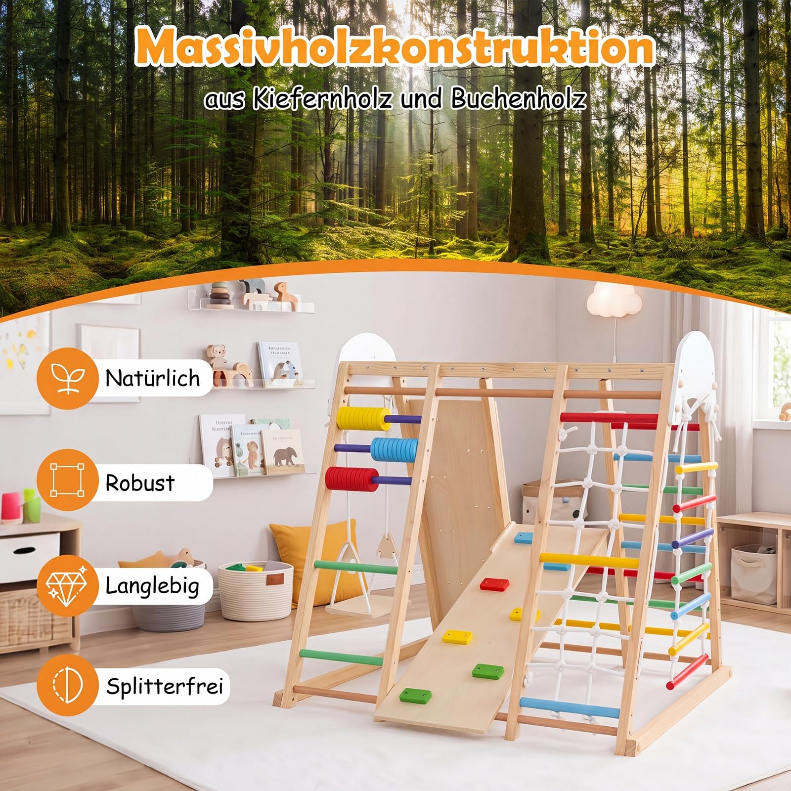 COSTWAY 8 in 1 Indoor Klettergerüst aus Holz für Kinder ab 3 Jahren (Bunt) | Klappbares Kletterspielzeug Set mit Hangelgerüst, Klettersteine, Kletterrampe, Kletternetz, Kletterseil, Leiter & Schaukel