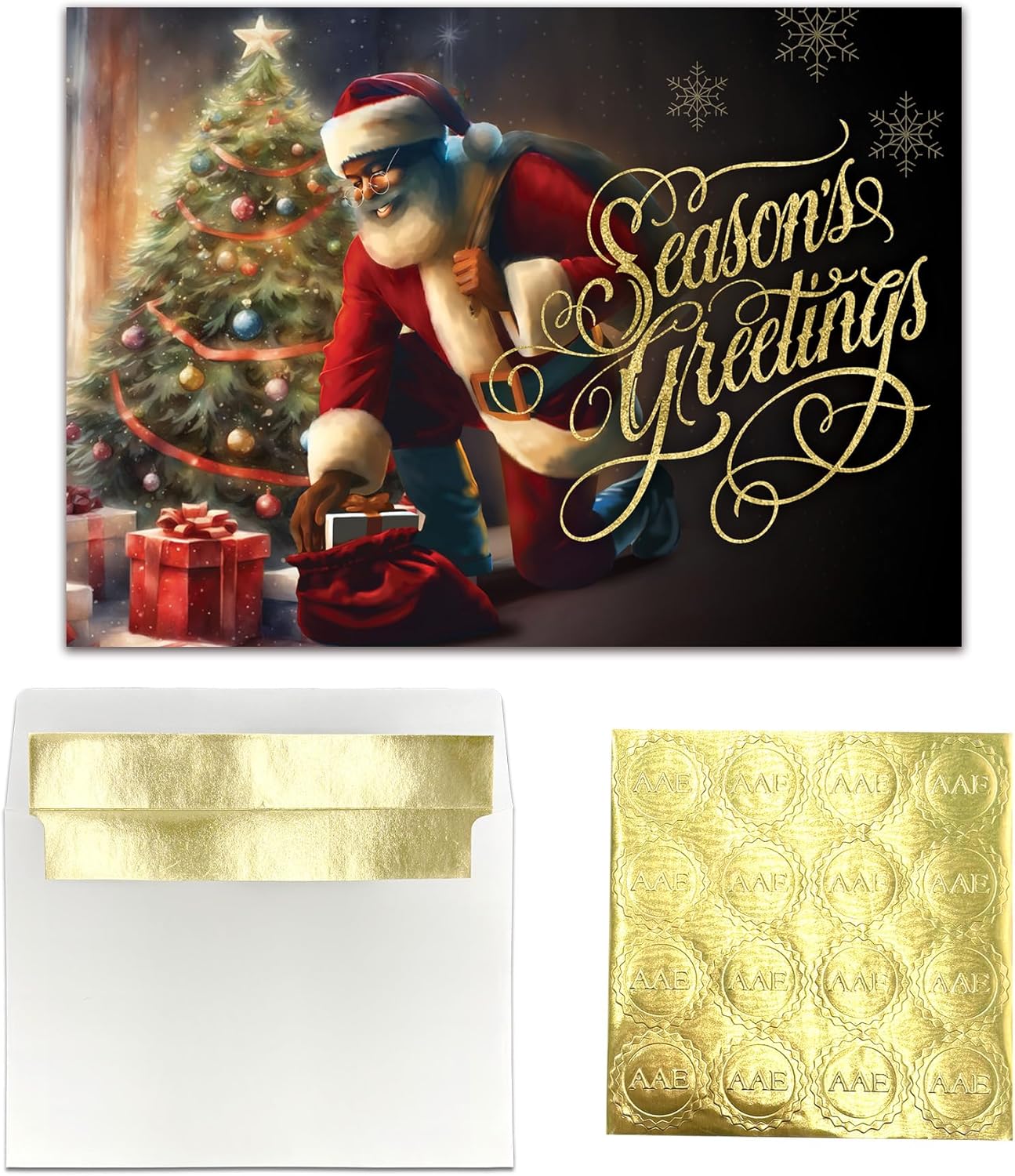 African American Expressions - Embossed Christmas Cards Boxed Set - Traditional Religious Designs - Set of 15 (5x7) Cards with Foil-Lined Envelopes & Gold Sticker Seals -Season's Greetings