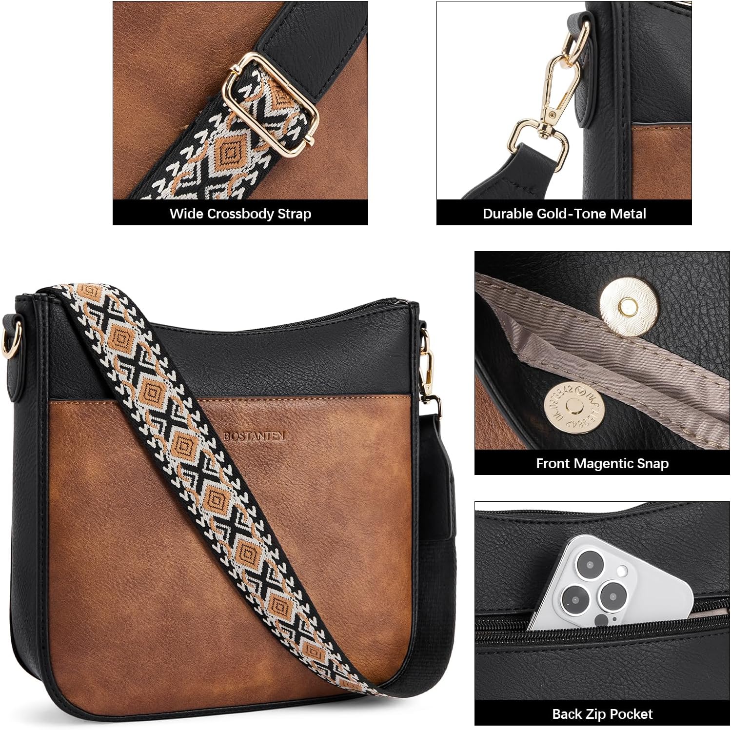 BOSTANTEN Crossbody Bags for Women Trendy Vegan Leather Hobo Purses Shoulder Handbags Wide Shoulder Strap - Image 5