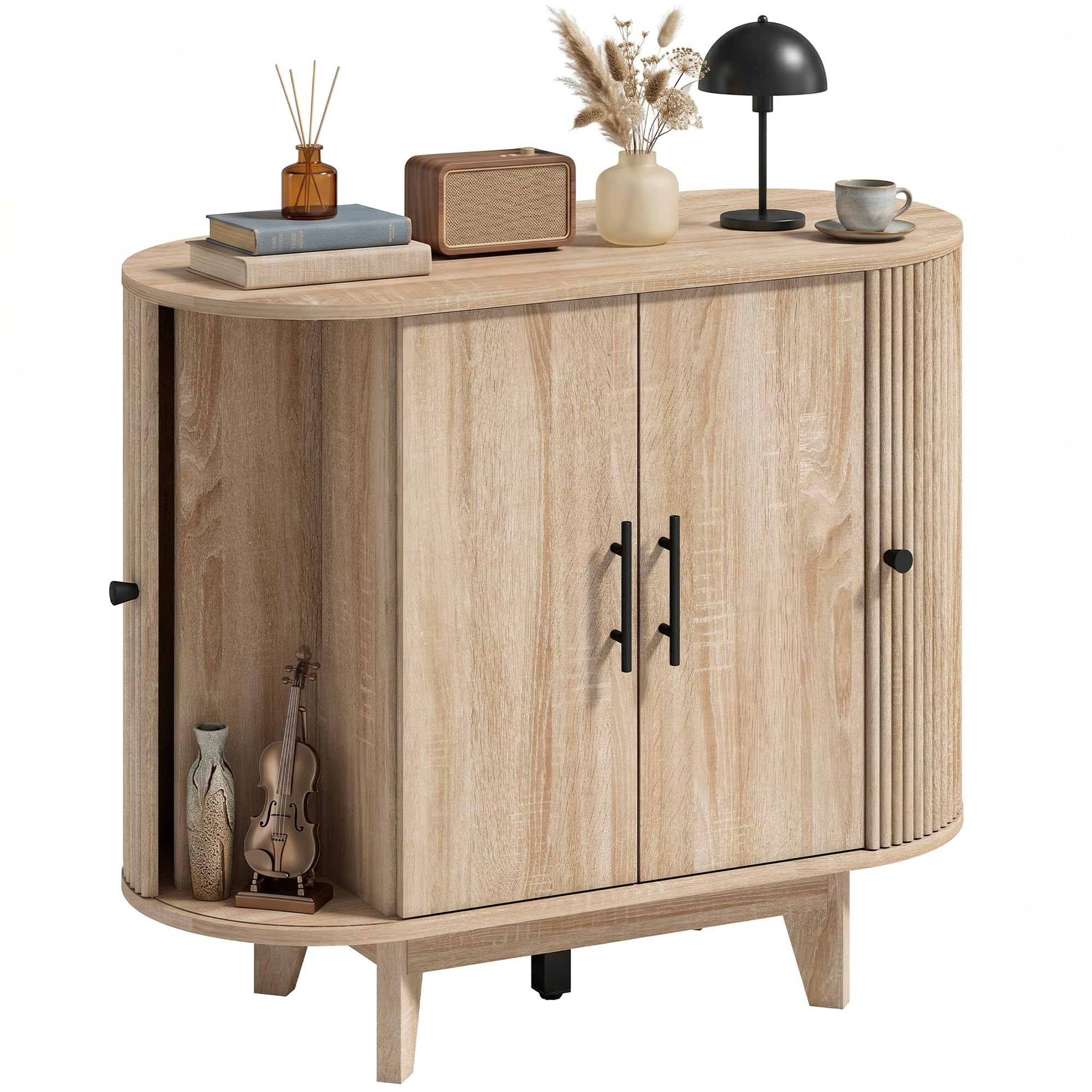 HOMCOM Buffet Salon, Meuble de Rangement Ovale avec 4 Portes et Étagère Réglable, 5 Pieds Stables, Style Moderne, Buffet Salle à Manger et Cuisine, 90x40x76cm, Chêne