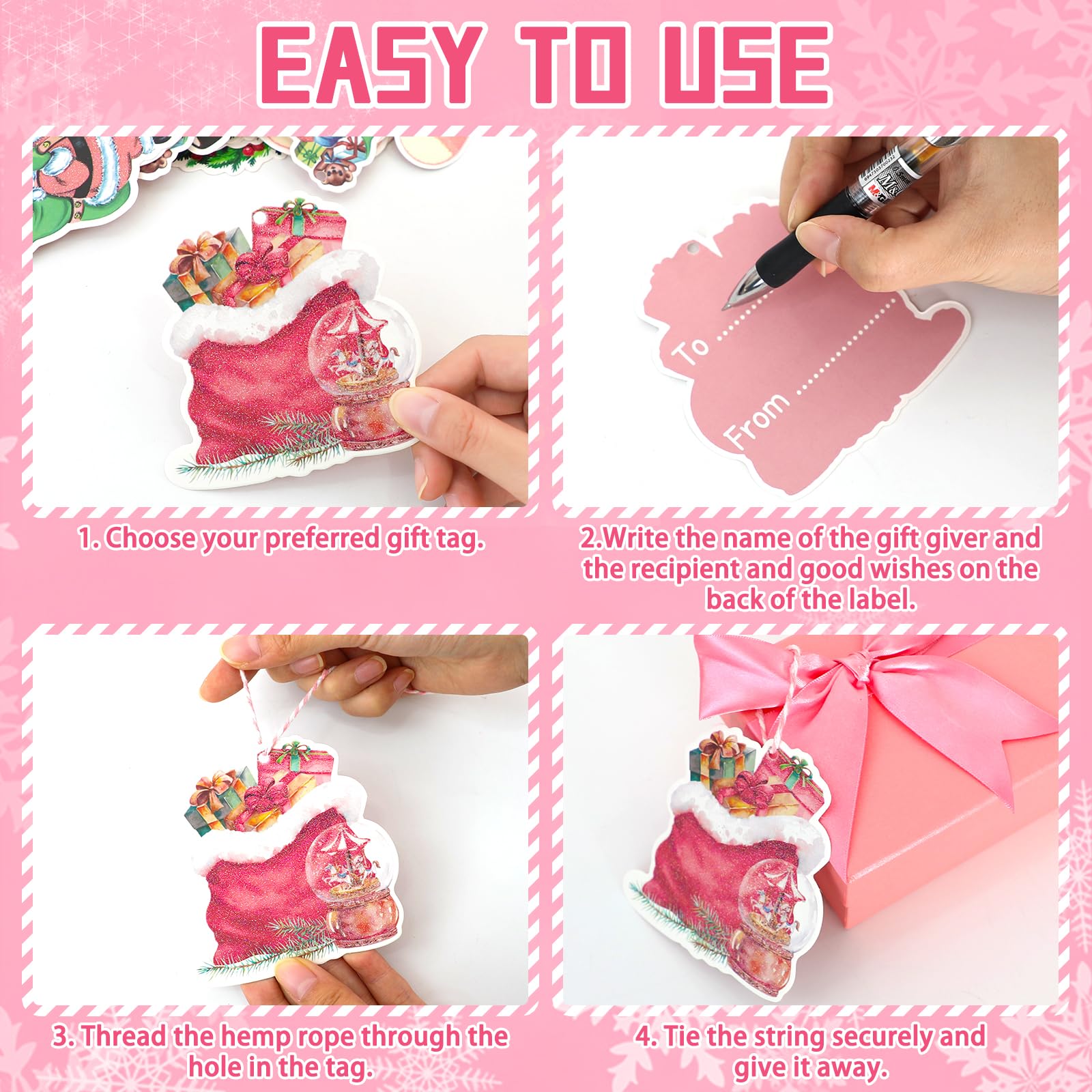 104 Stück rosa Vintage-Weihnachts-Geschenkanhänger, Frohe Weihnachten, Papier-Geschenkanhänger mit Schnur, Weihnachtsanhänger zum Aufhängen, Namensschilder für Weihnachtsbaum, Winterurlaub