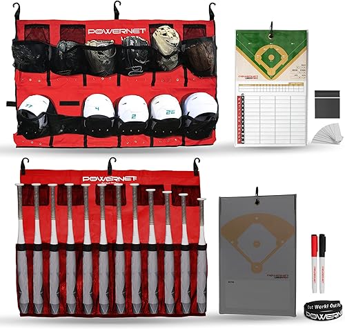 Miniatura 9 de PowerNet Ultimate Coaching Team Bundle  Tablero de alineación magnética  Organizador de casco colgante  Carrito de valla para 12 murciélagos