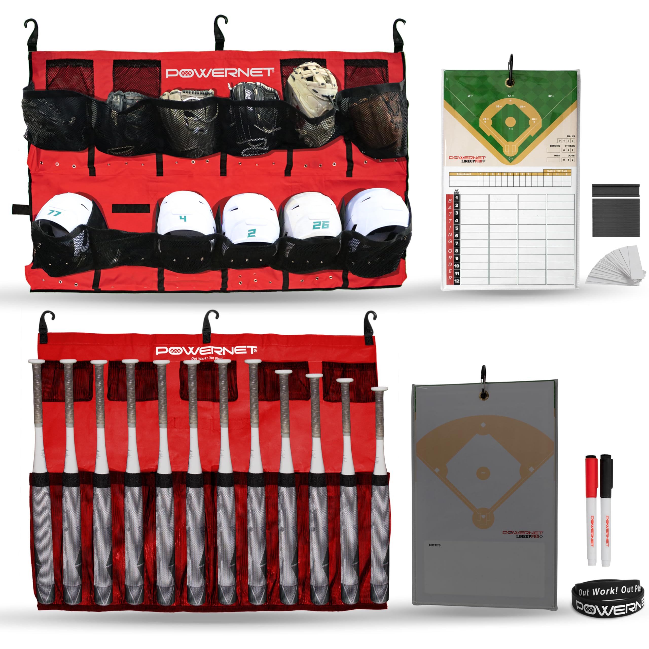 PowerNet Ultimate Coaching Team Bundle, Dugout Organizer for Baseball & Softball, Team Equipment Organizer, Hanging Bat Bag & Baseball Glove Helmet Holder, Dry Erase Magnetic Lineup Board