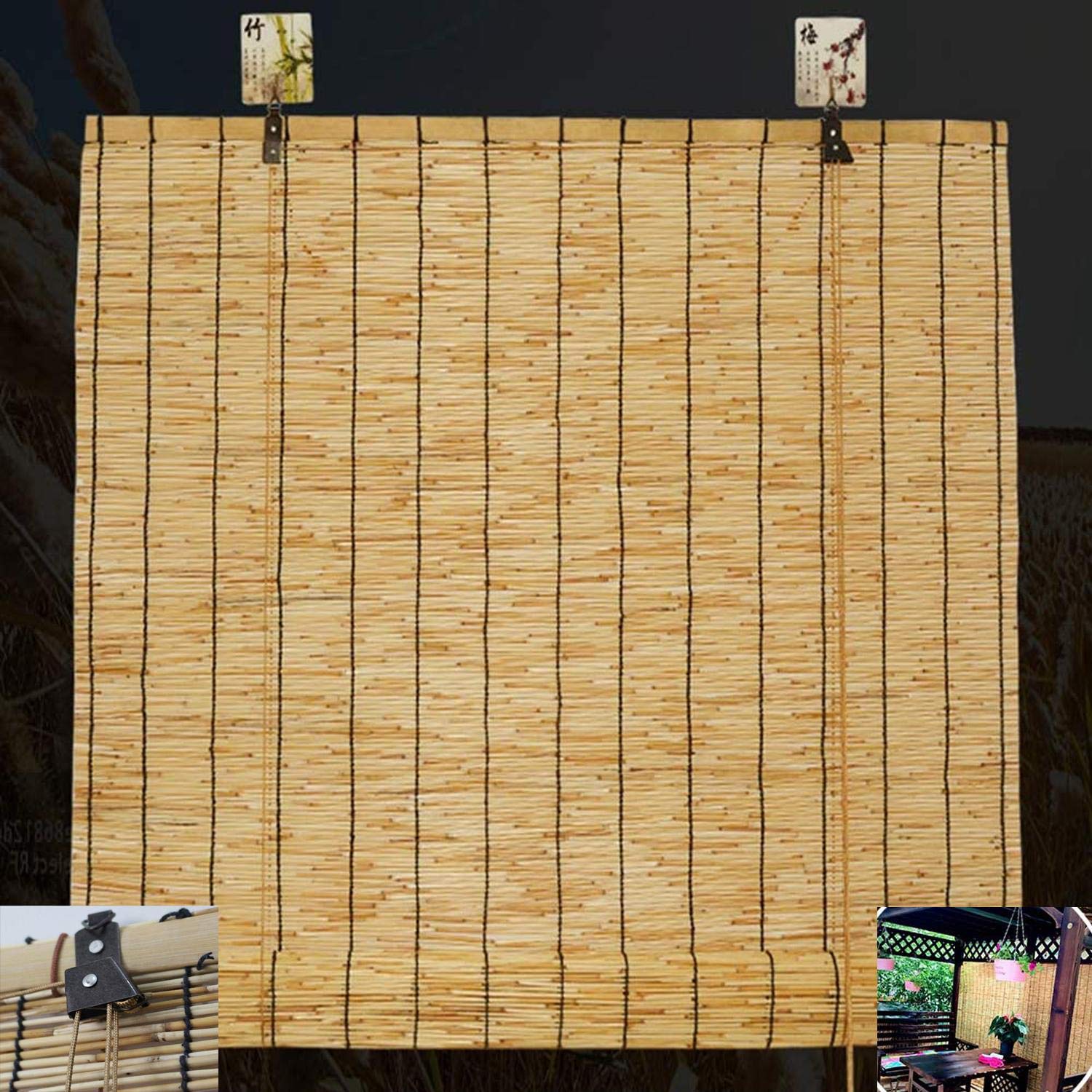 Rideau de Roseau Naturel Store Enrouleur en Bambou Rétro,Volets Roulants en Paille de Décoration,Persienne Tissé à Main,Pare-Soleil de Personnalisable,pour Hôtel/Balcon/Terrasse(140x230cm/55x91in)