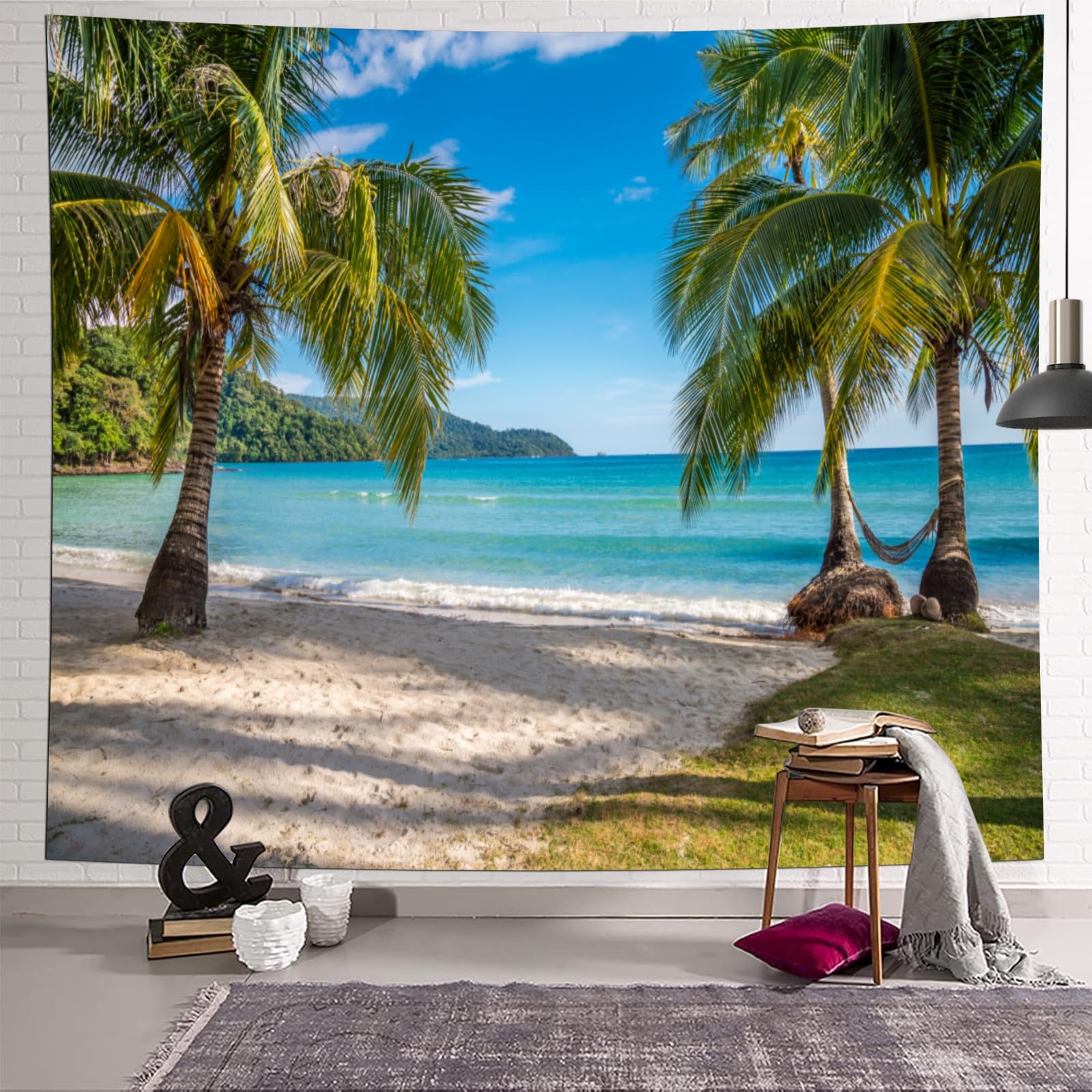 Calefee Tapisserie Murale Chambre L 200 x H 200, Tenture Murale en Polyester avec Motif Paysage Nature Mer, Palmiers
