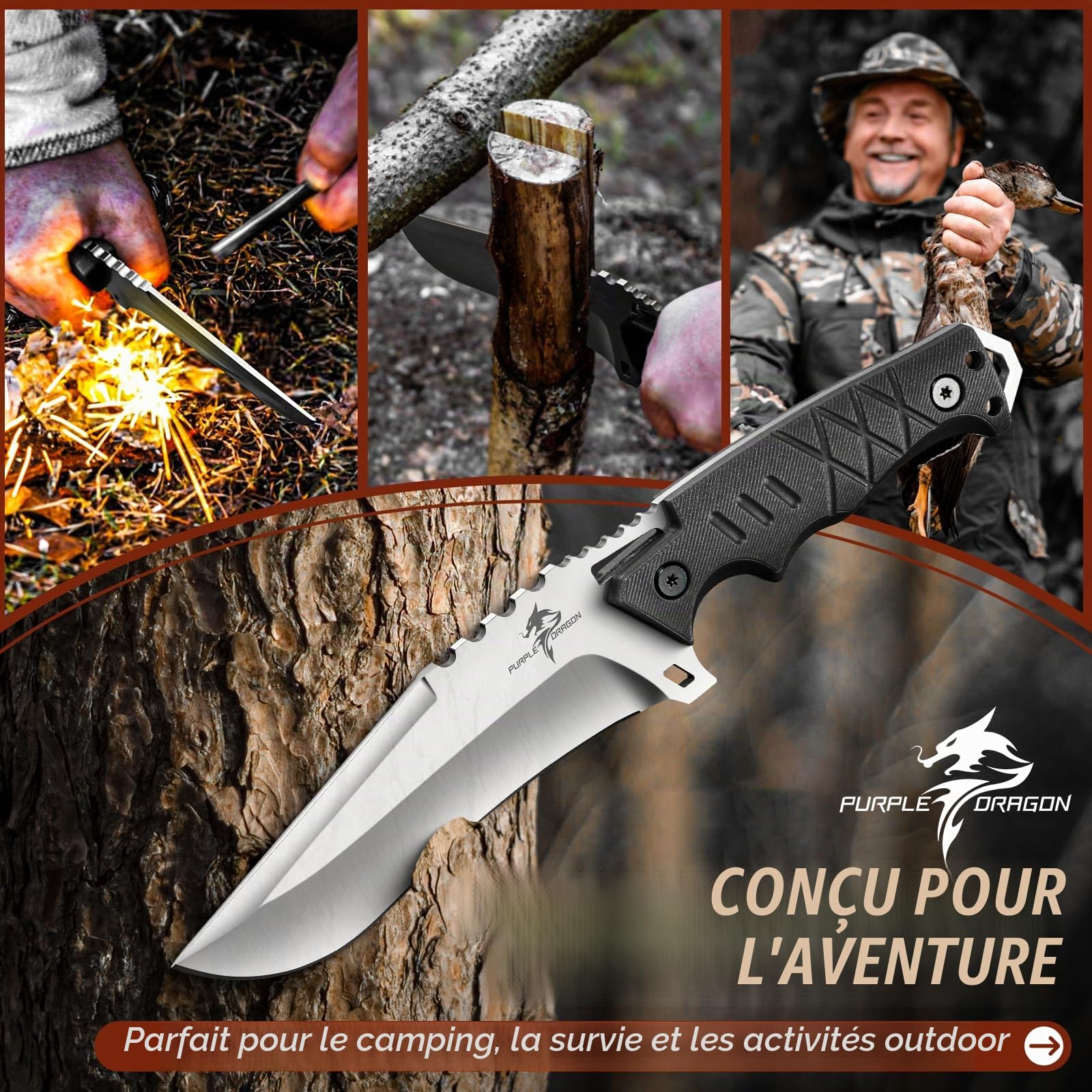 Purple Dragon Couteau Survie D2 Pleine Soie G10, Étui Kydex Camping Noir