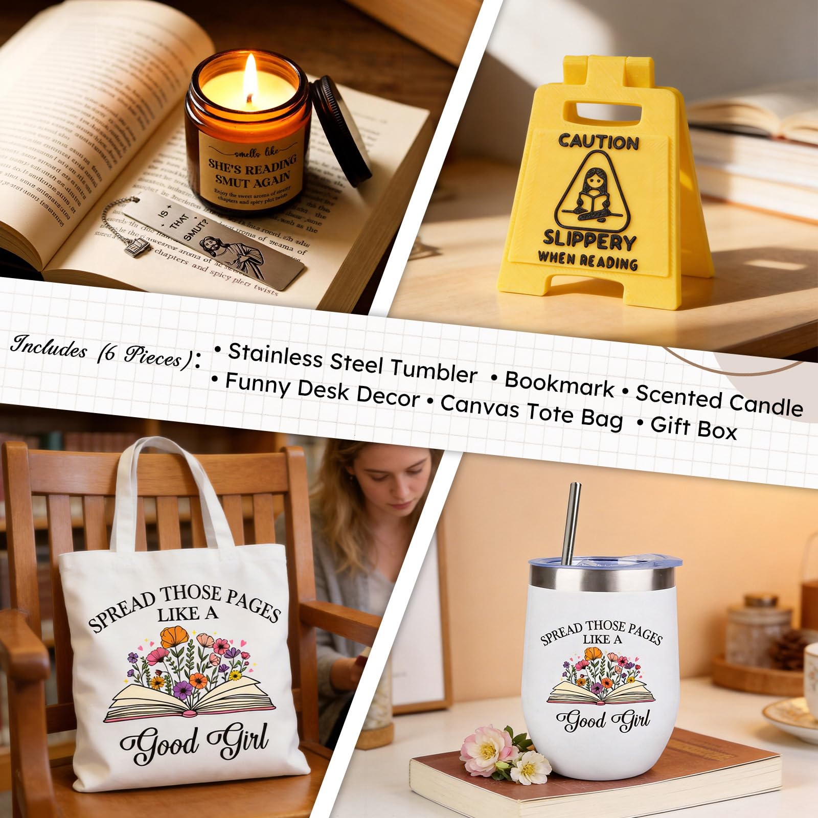 Funny Book Lover Gifts for Women - Humorous & Warm Bookish Gift Set Includes Tumbler, Scented Candle, Tote Bag & Gift Box – Reader Gifts Box for Teacher, Friends