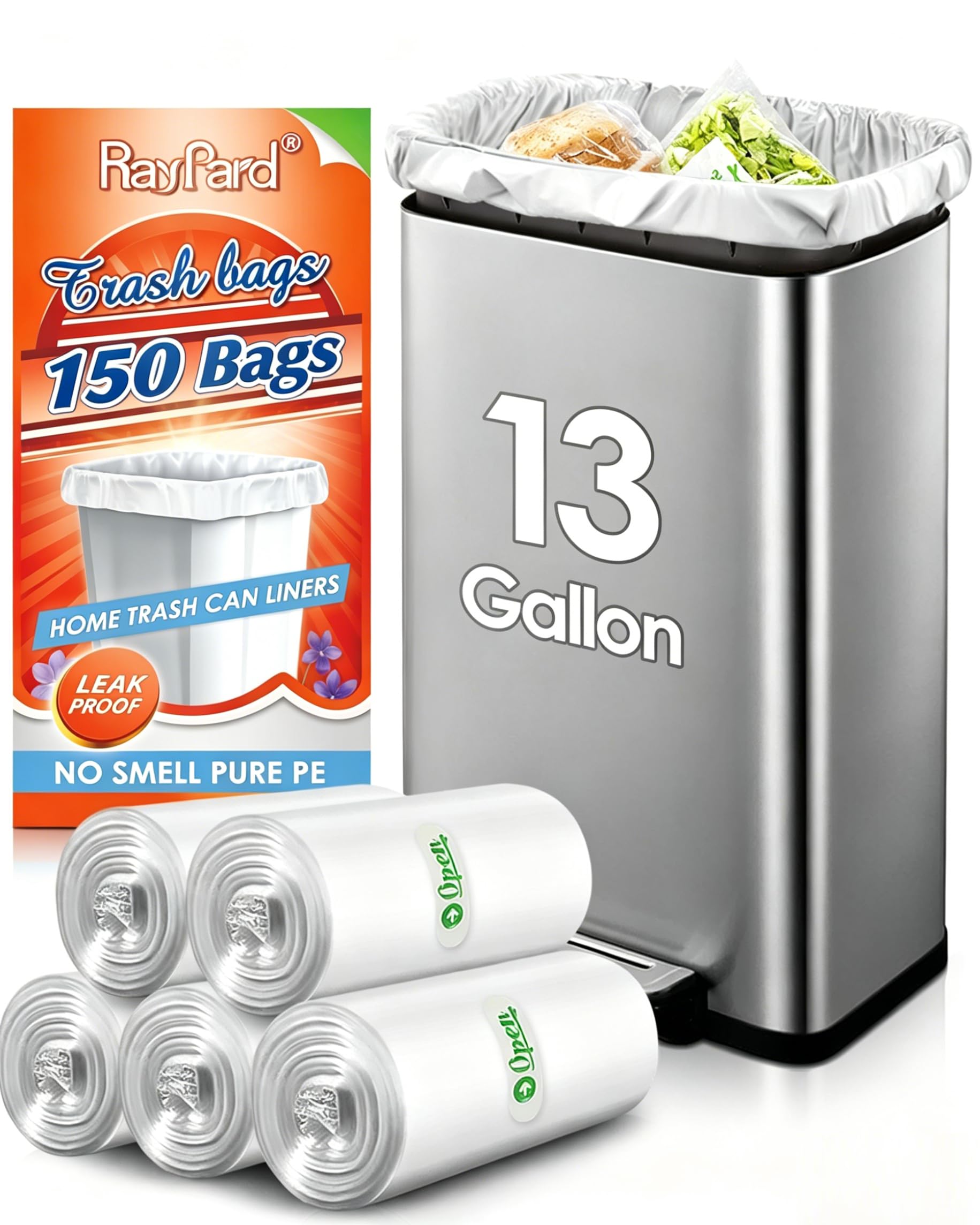 Photo 1 of 13 Gallon 150 Counts (fit 12-15 Gal) Strong Tall Kitchen Trash Bags Garbage Bags by RayPard, fit 50 Liter Waste Basket, Clear Trash Bags Can Liners for Home Office Bathroom Bedroom