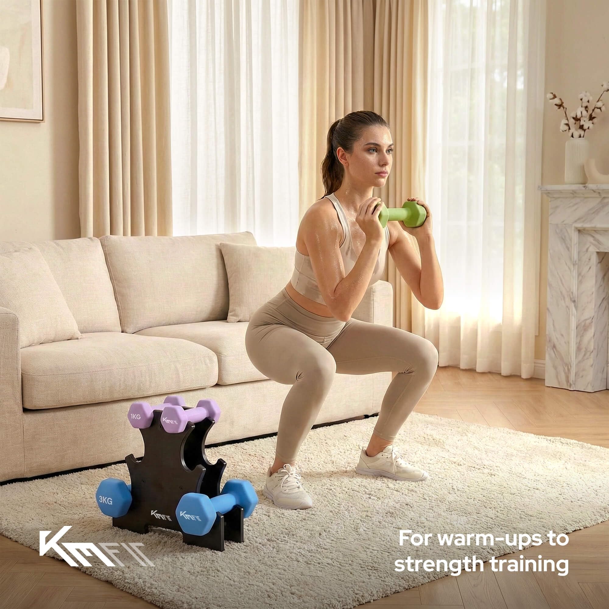 KM-Fit zestaw hantli 12 kg ze stojakiem | Hantle neoprenowe 1–3 kg | Żeliwo z ergonomicznym uchwytem | Odporne na toczenie | Fitness i trening siłowy w domu