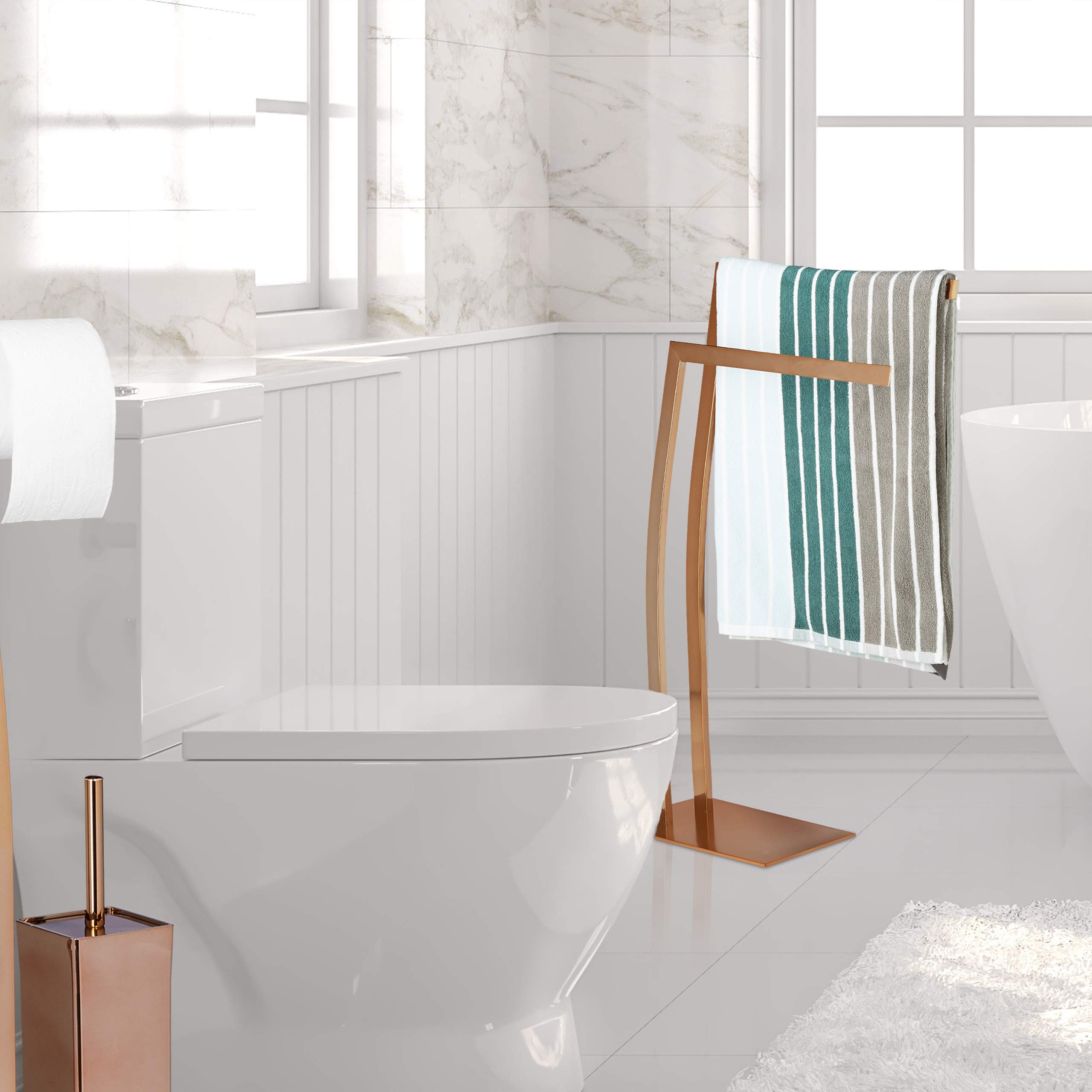 Relaxdays Porta Asciugamani WIMEDO, 80x32x20 cm ca., 2 Aste, Base Rettangolare, Decorazione, Acciaio Inox, Rame
