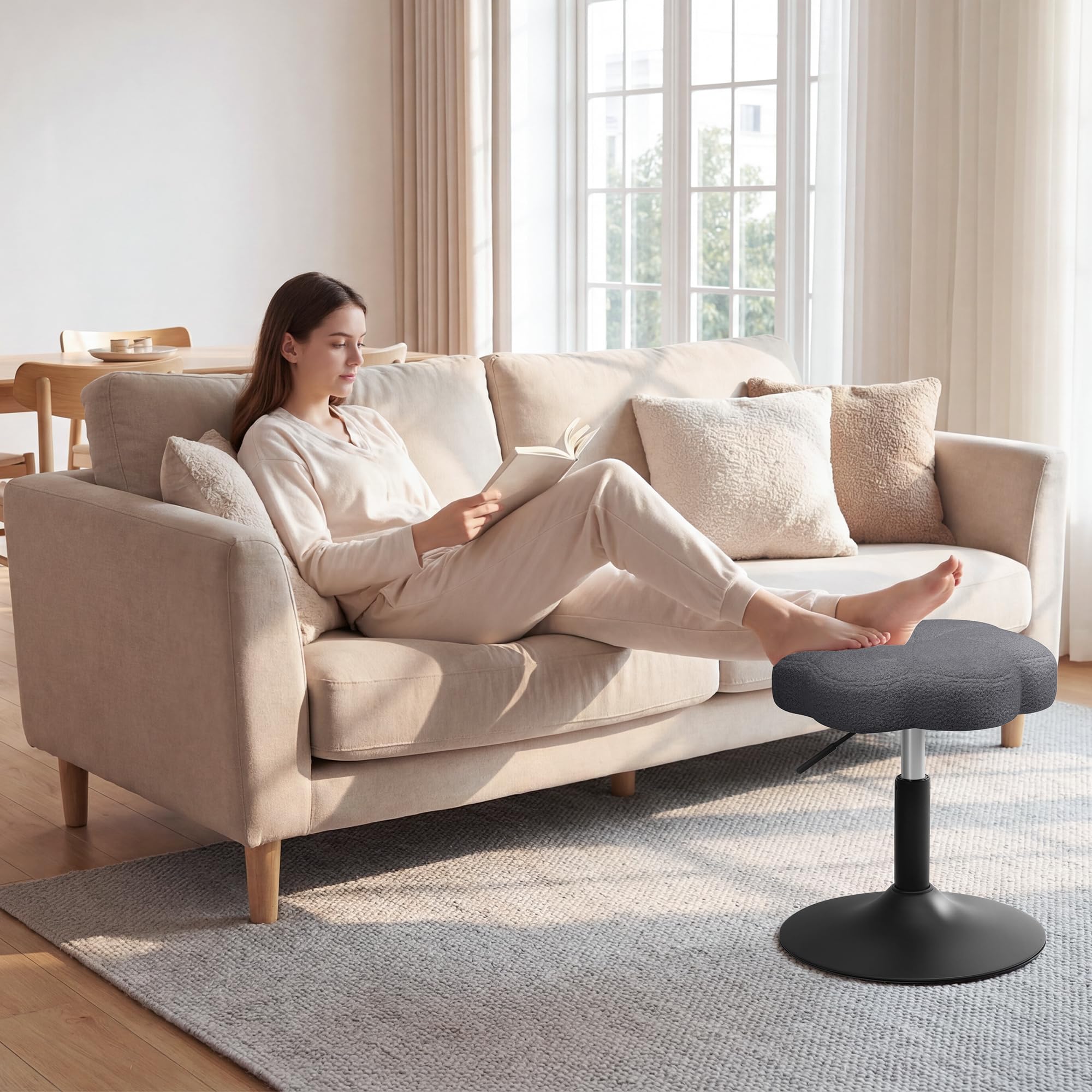 ELUCHANG Taburete de Tocador en Forma de Pétalo, Silla Tocador Maquillaje para Dormitorio - Altura Ajustable 40-52cm, Giratorio 360°, Tejido Sherpa Transpirable Gris