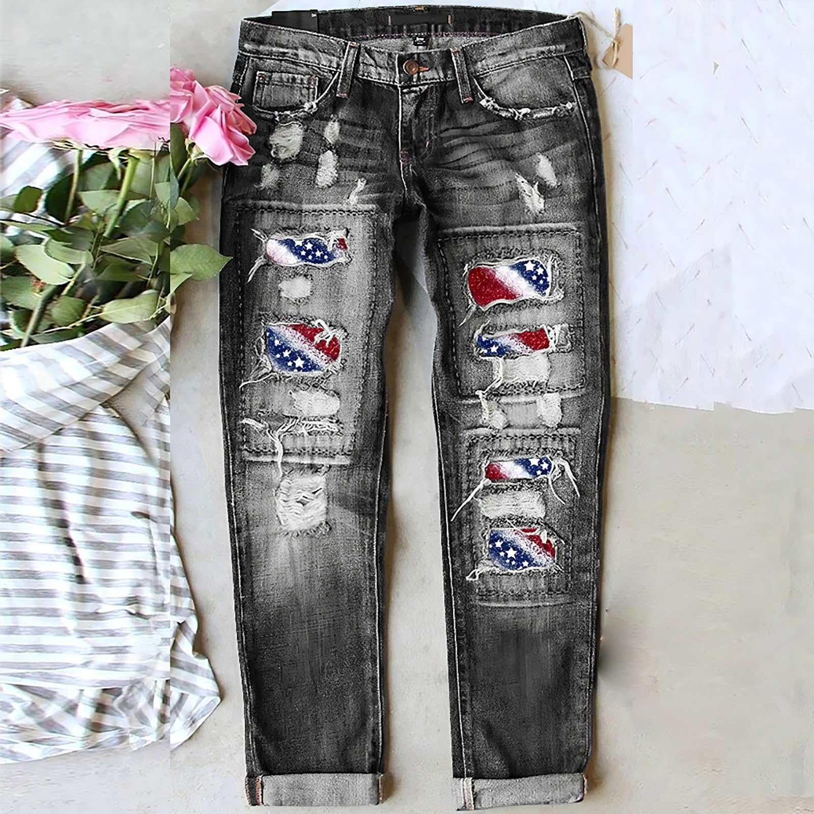 Generisch Pantalones vaqueros ajustados de cintura alta para mujer, ajustados, con flores, verano, elásticos, ligeros, de verano, pantalones de verano, ligeros para mujer, pantalones de exterior