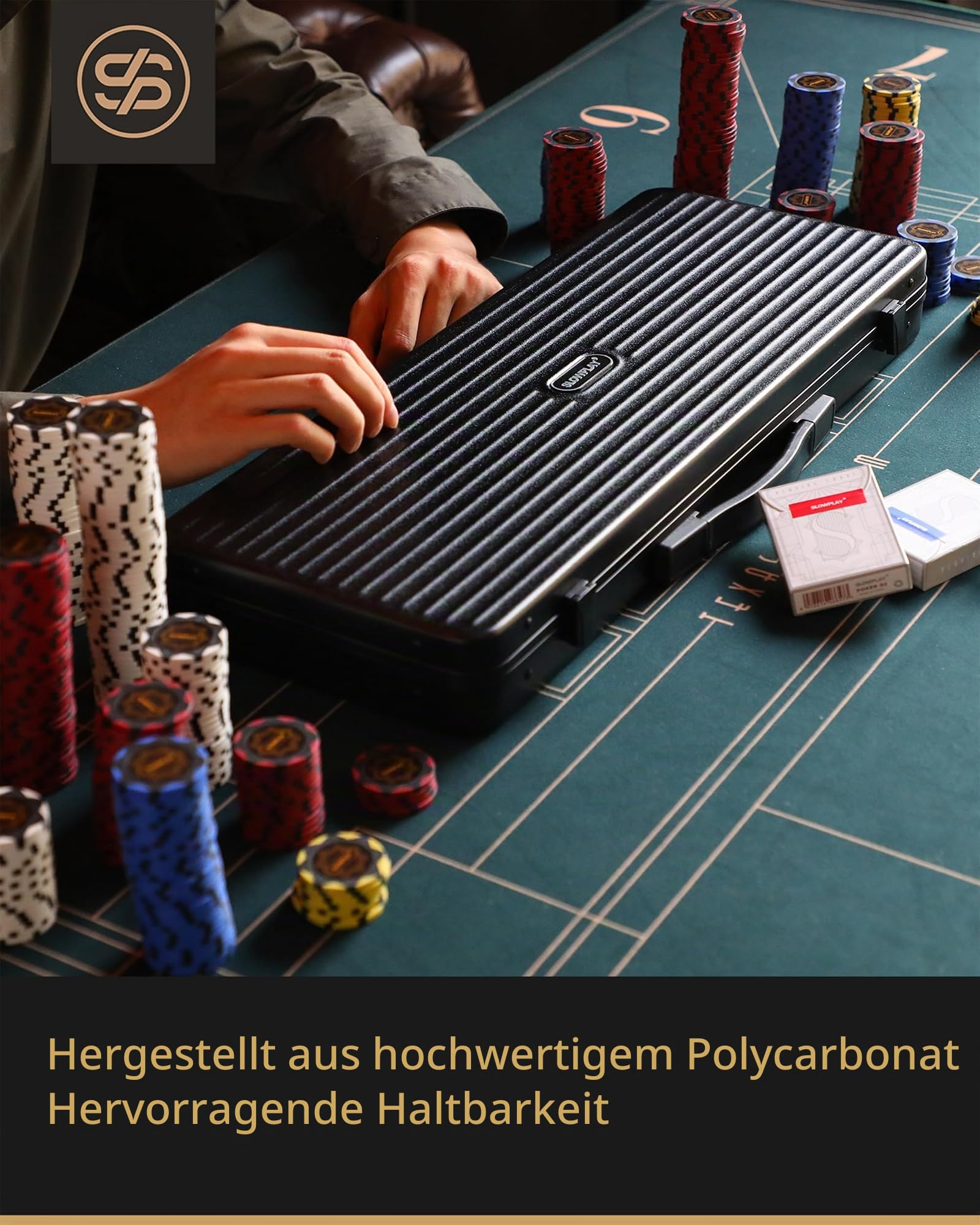 SLOWPLAY Nash Pokerchip-Koffer für 39/40mm Chips, robuste PC-Schale | Sehr tragbar; extra robust; verstärkte Innenstütze; sichere Chipfächer; PU-Lederfutter; großer Griff; schlichtes Schwarz