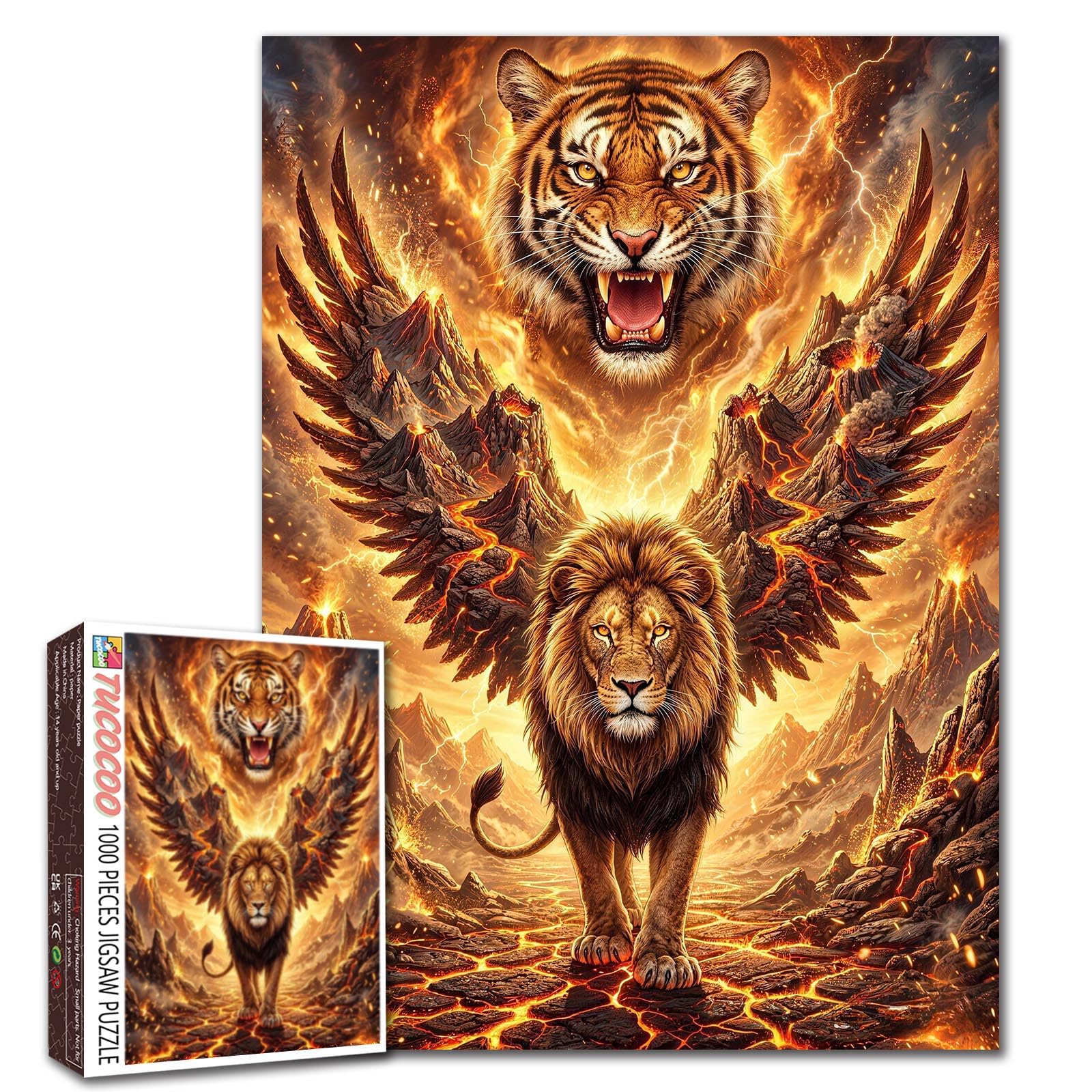 Flame Lion King Puzzle Winged Tiger Fantasy Animal Jigsaw Epic Wildlife 1000 Pieces Puzzles for Adults Beginner Challenging Family Activity Games DIY Crafts Puzzle for Home Decor Gifts