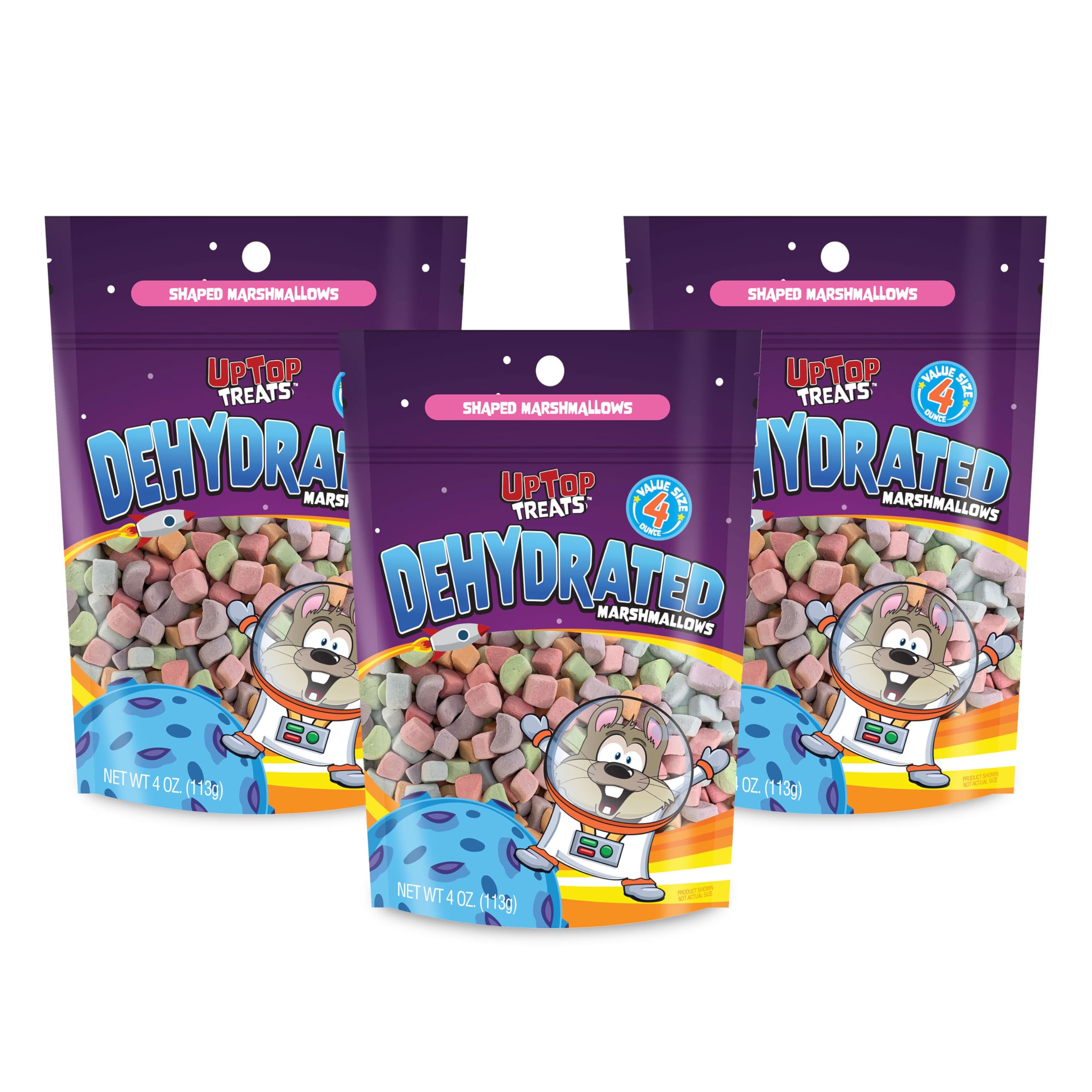 UpTop TreatsVanilla Dehydrated Marshmallows, 3 Pack, Fun Shapes & Colors, Resealable Bulk Bag, Crunchy Marshmallow Sweet Treats For Hot Chocolate, Cereal, Ice Cream Topping, 4 oz Bags (12oz Total)