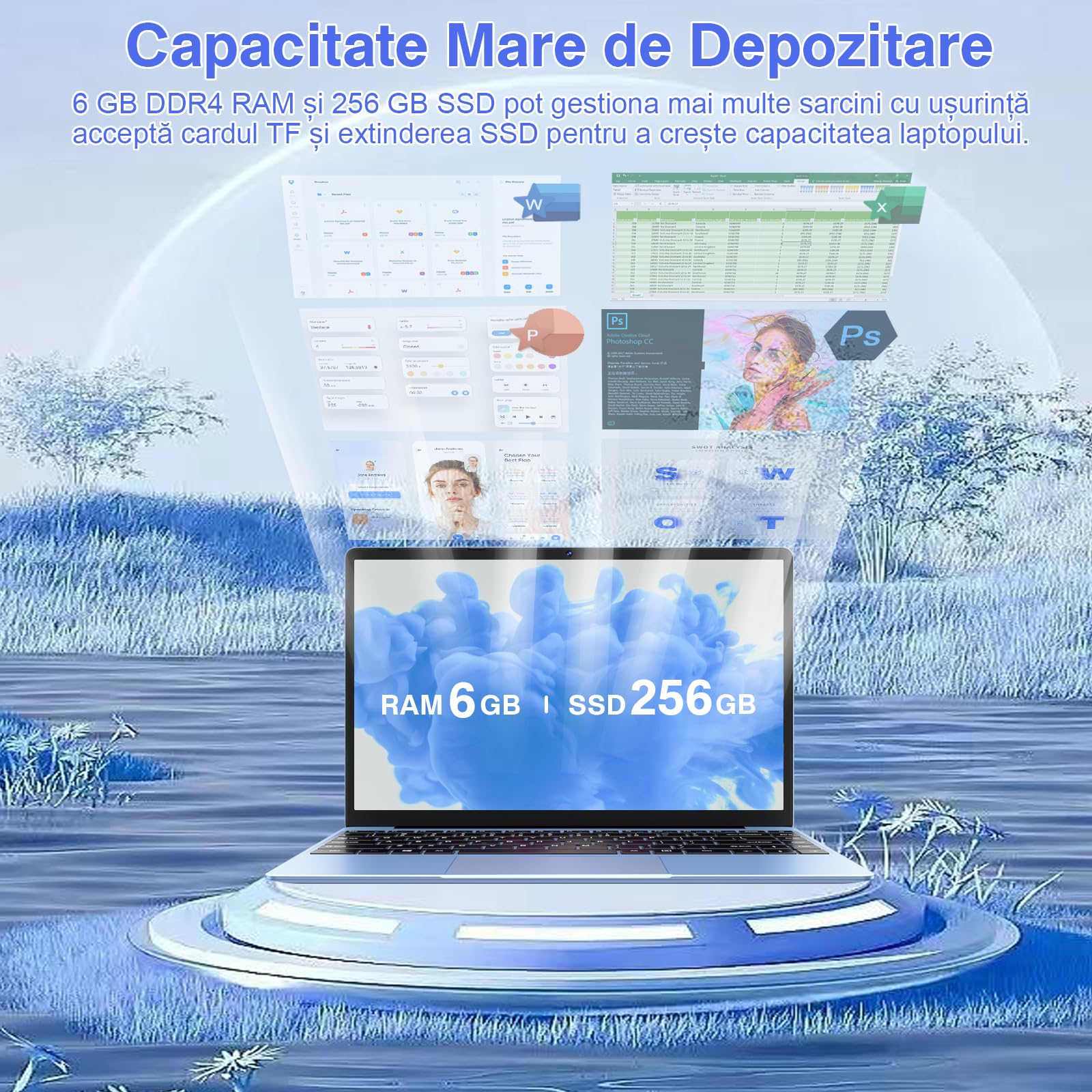 Win 11 PC Portatile Computer Notebook 14 Pollici 1080P 256GB 2.4G+5G Supporta La Scheda SSD La Scheda TF Estesa, Wireless Bluetooth Mouse Wifi, Italiana Tastiera blue