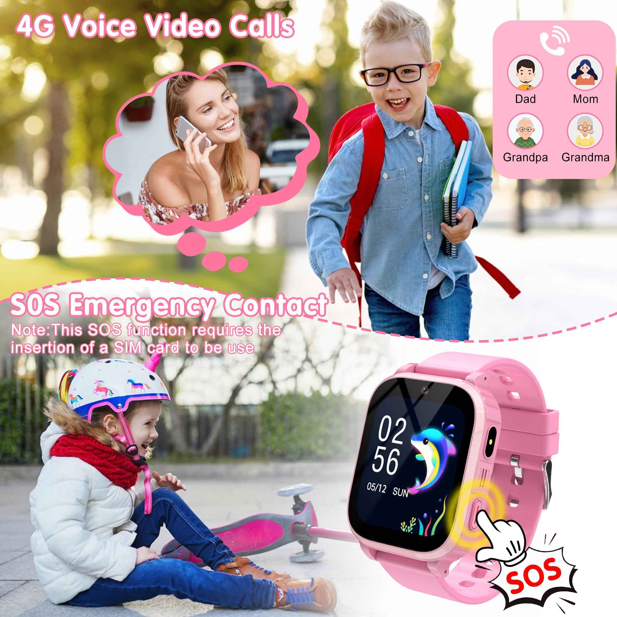 Reloj Inteligente para Niña 4G, Smartwatch Niñas GPS y Llamadas, SOS/WiFi/Vídeo/Voz Chat, Modo Clase, Calculadora, Despertador, 7 Juegos, Linterna, IP68, Reloj GPS Niñas Regalo Cumpleaños de Navidad