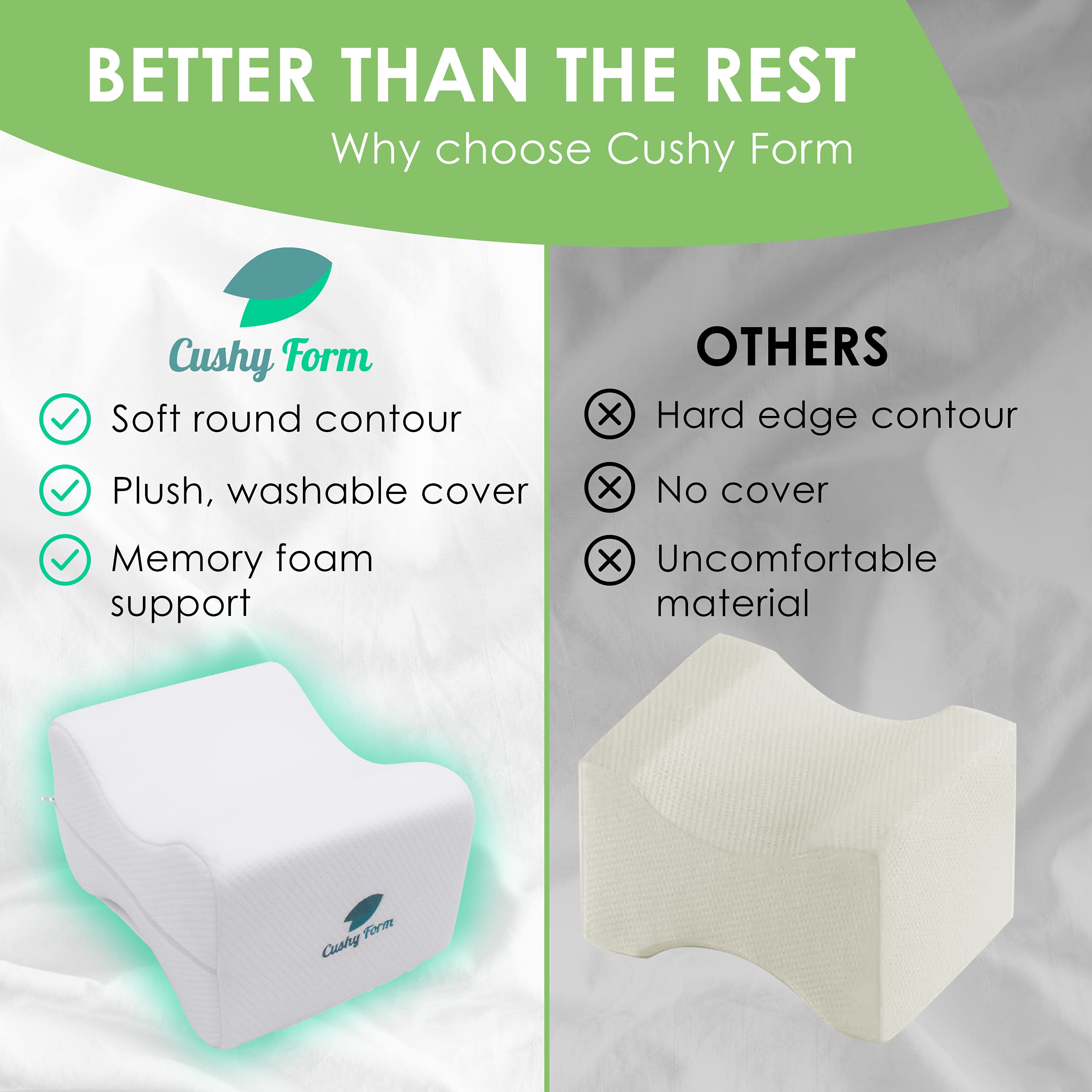 Cushy Form Knee Pillow for Side Sleepers - Large Orthopedic Wedge Leg Pillow for Sleeping and Hip & Lower Back Pain - Contour Memory Foam Cushion for Pregnancy, Washable Cover & Travel Bag, White