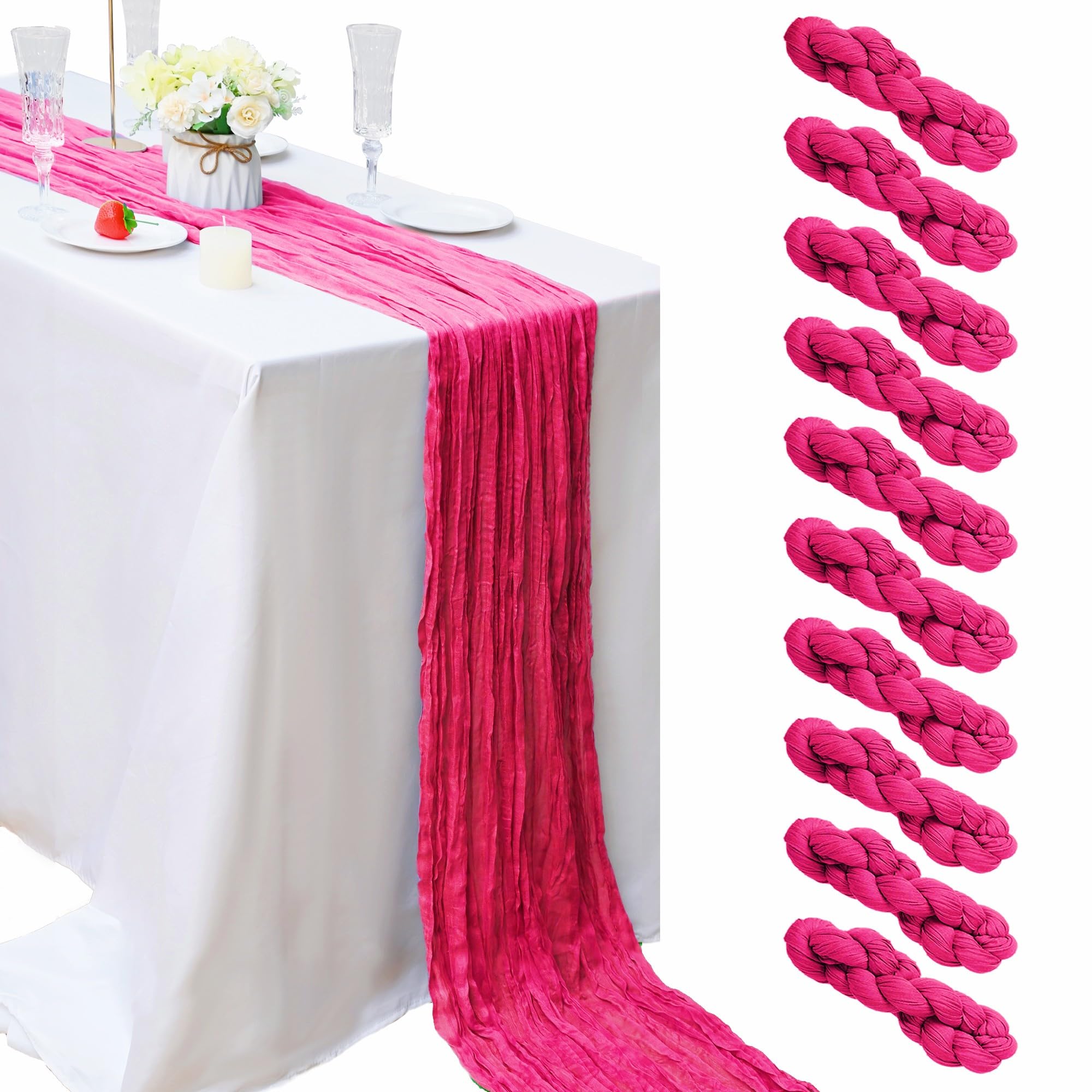 Photo 1 of 10 Pcs Hot Pink Cheesecloth Table Runner 10FT Romantic Cheese Cloth Table Runner Boho Table Runners Rustic Runner for Wedding Engagement Bridal Shower Baby Shower Birthday Party Spring Table Décor