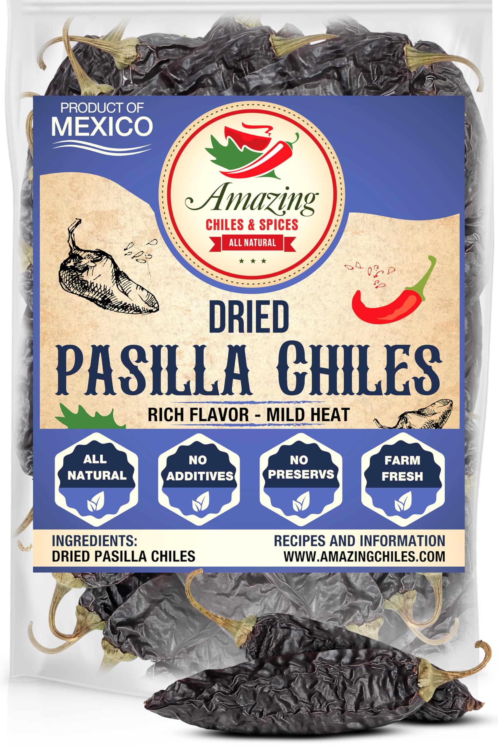 Pasilla Chiles Dried 4 oz - Staple in Mexican Cooking: Moles, Sauces, Stews, Salsa. Mild Heat – Punget and Tangy Flavor. By Amazing Chiles & Spices
