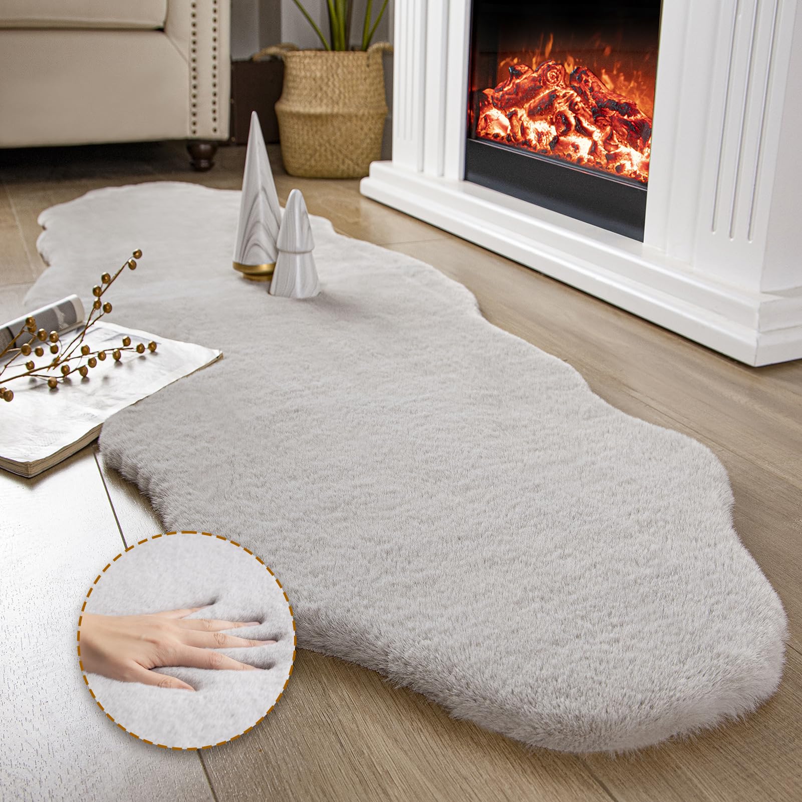 Ashler HOME DECO Ultra Soft Faux Rabbit Fur Chair Couch Cover Area Rug for Bedroom Floor Sofa Living Room Grey 2 x 6 Feet